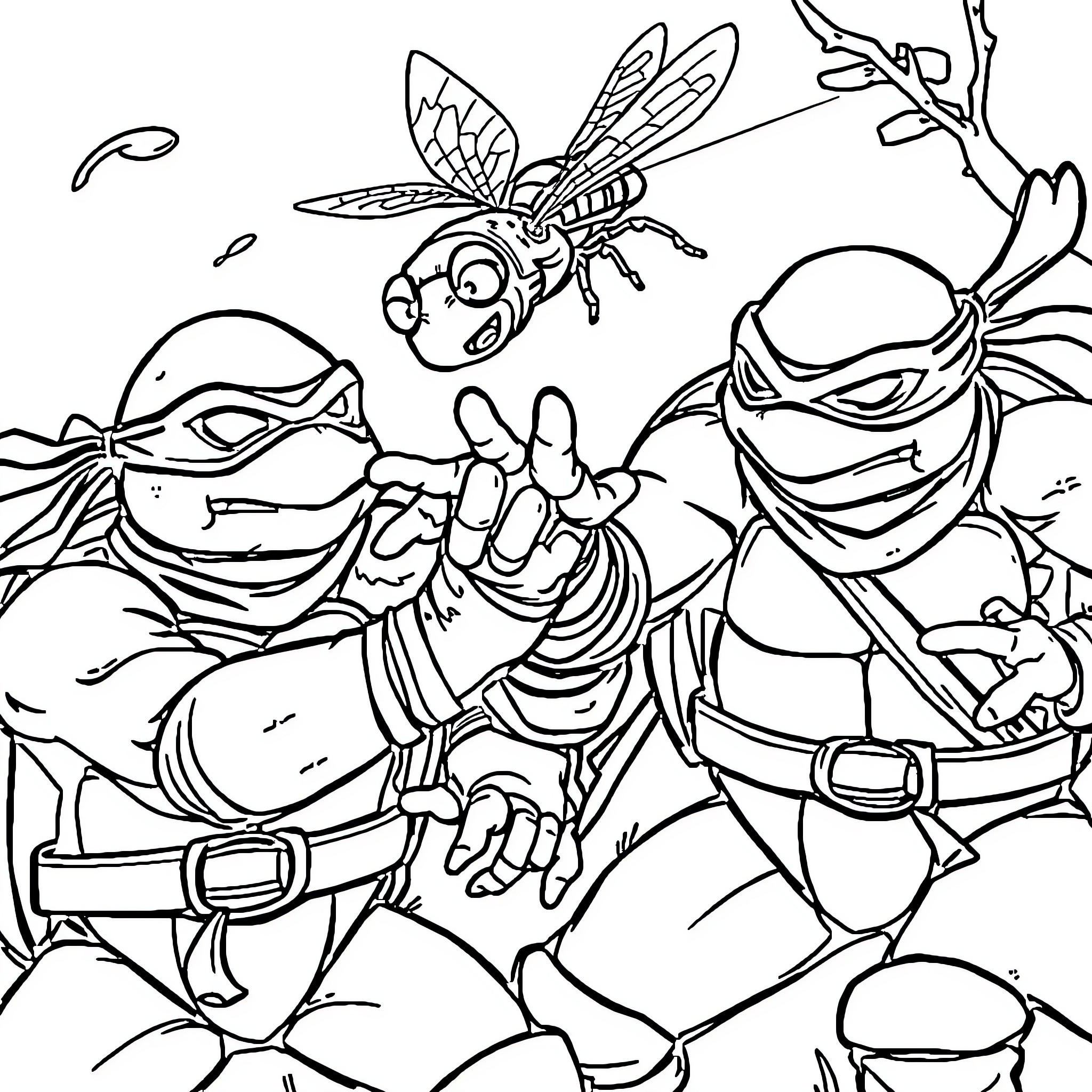 Ninja Turtle Heroes in Action-Packed Adventure Coloring Page (free black-and-white line drawing printable PDF for all, from beginners to advanced learners, including children, teens, adults, and seniors)