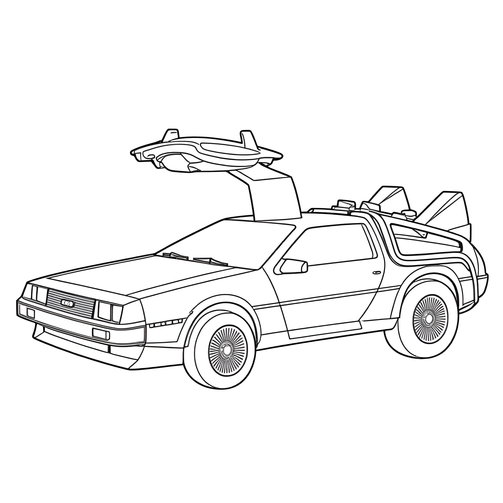 DeLorean time machine with futuristic hover vehicle Coloring Page (free black-and-white line drawing printable PDF for all, from beginners to advanced learners, including children, teens, adults, and seniors)