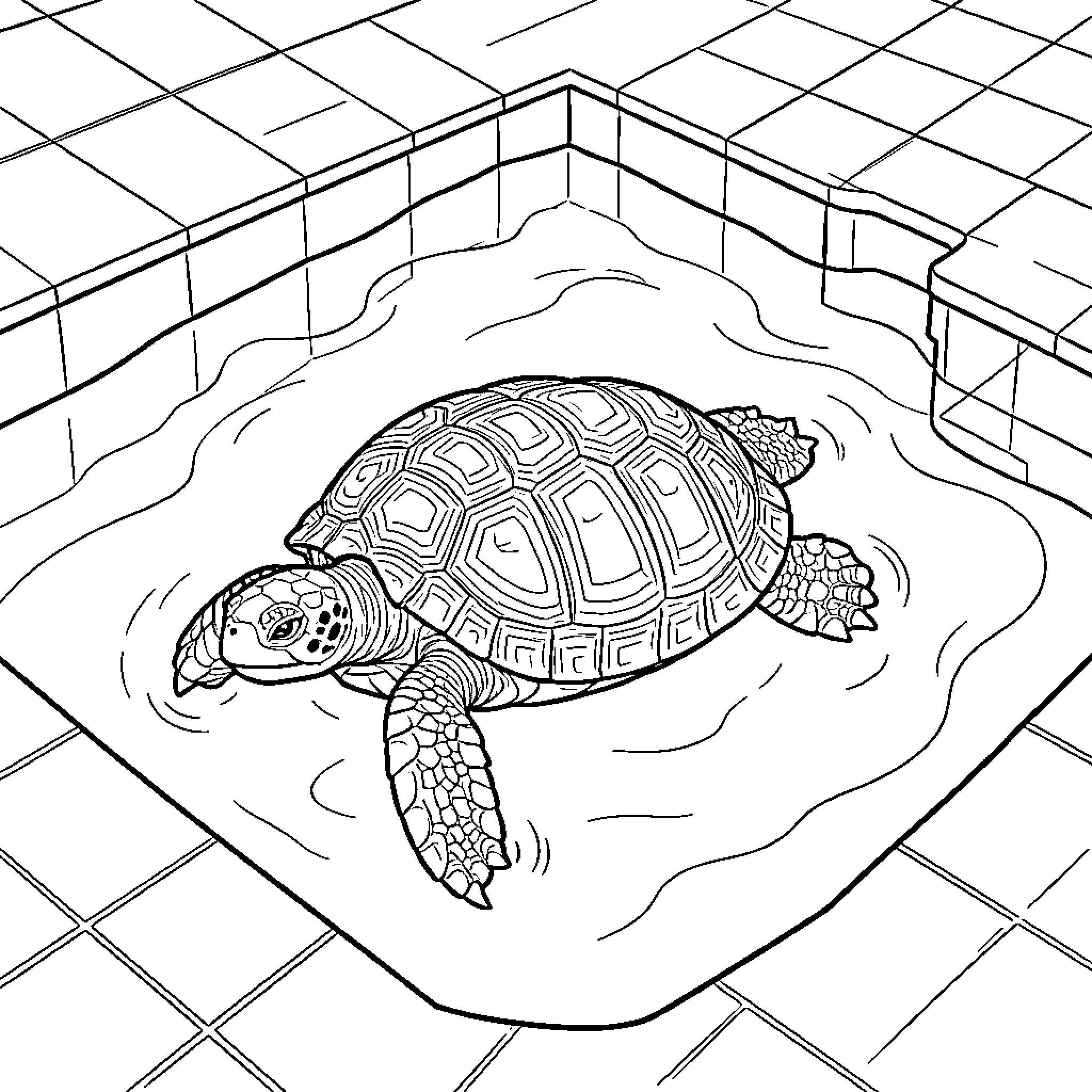 Turtle swimming calmly in a tiled pool Coloring Page (free black-and-white line drawing printable PDF for all, from beginners to advanced learners, including children, teens, adults, and seniors)