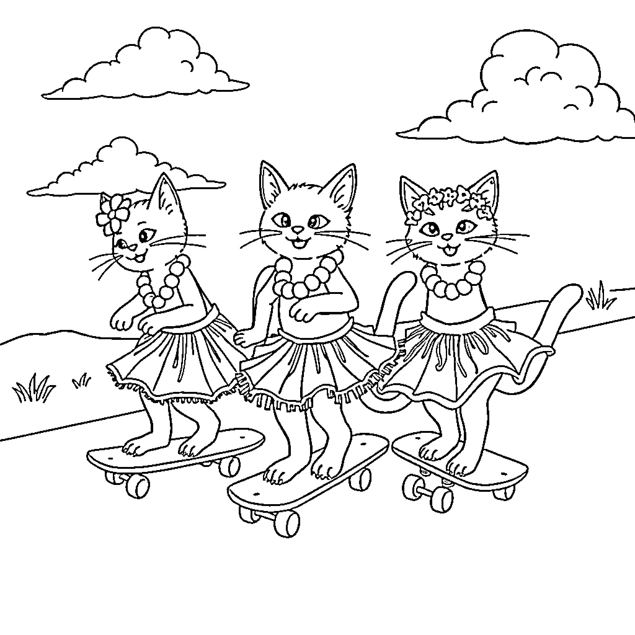 Cats rollerblading in floral dresses Coloring Page (free black-and-white line drawing printable PDF for all, from beginners to advanced learners, including children, teens, adults, and seniors)