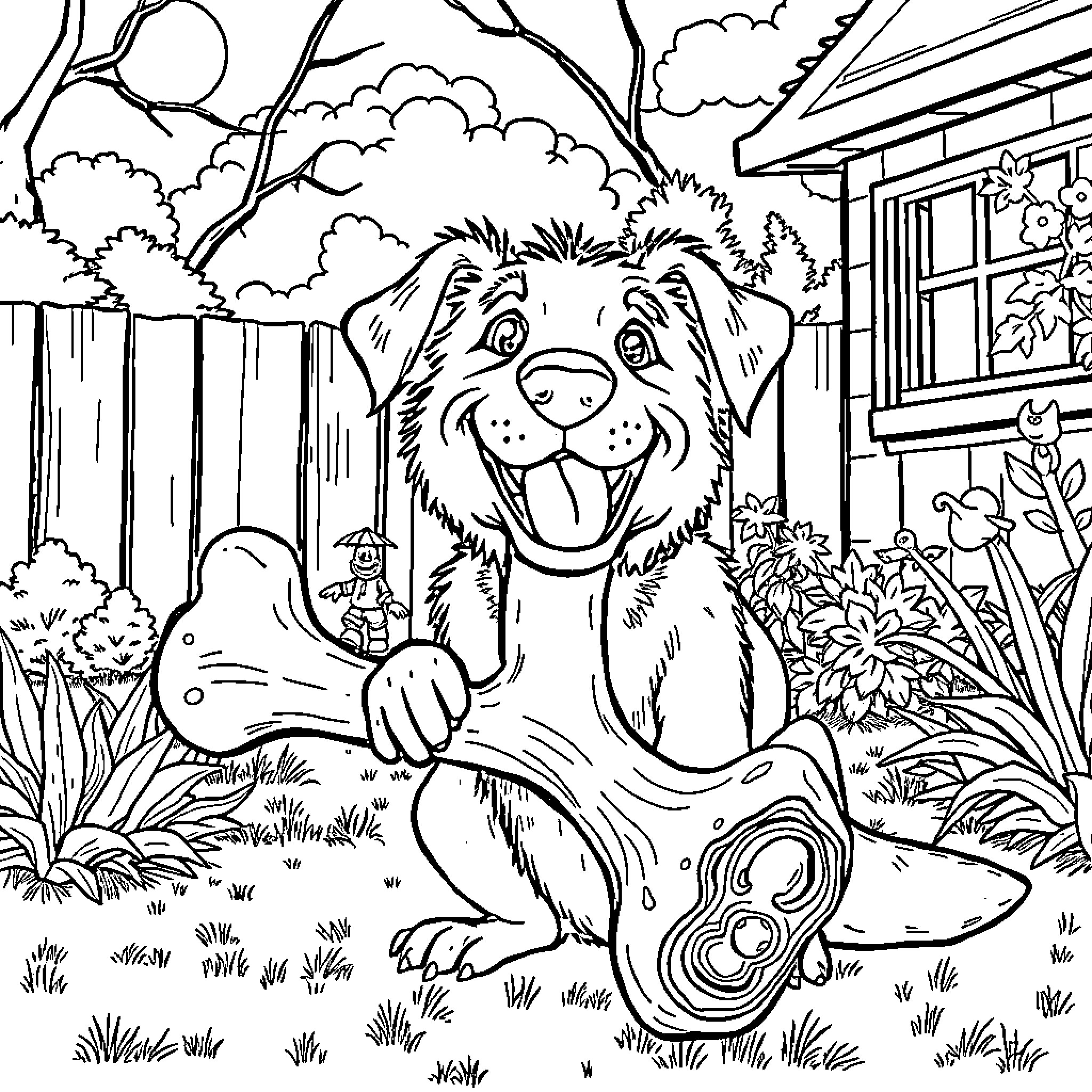 Tintin's Dog Playing Happily in the Backyard Coloring Page (free black-and-white line drawing printable PDF for all, from beginners to advanced learners, including children, teens, adults, and seniors)