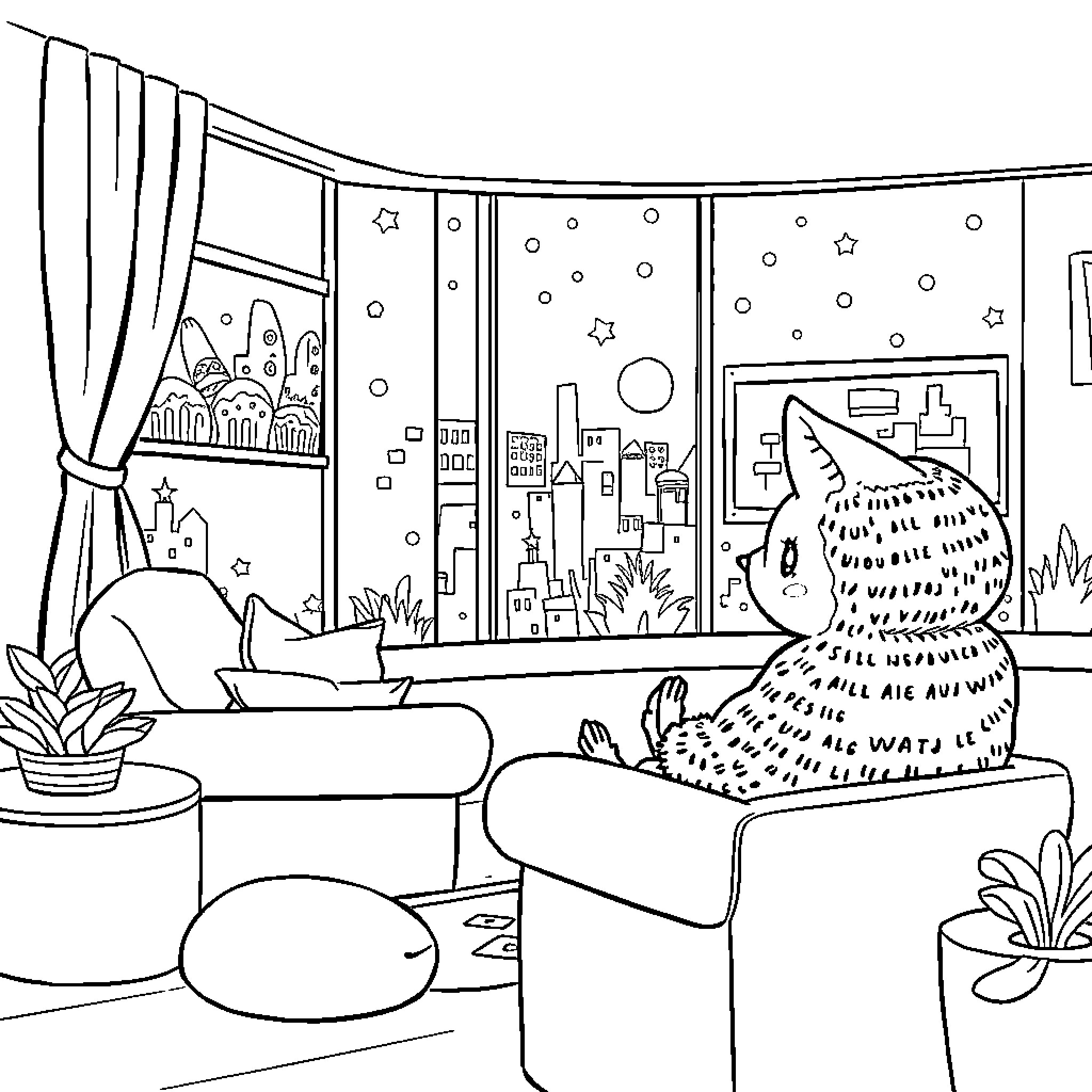 Bunny resting peacefully in cozy living room Coloring Page (free black-and-white line drawing printable PDF for all, from beginners to advanced learners, including children, teens, adults, and seniors)