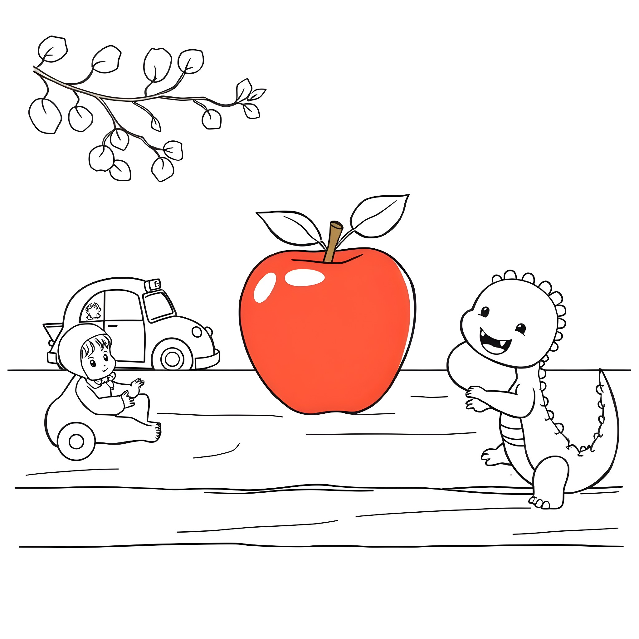 Dinosaur playing with apple and car Coloring Page (free black-and-white line drawing printable PDF for all, from beginners to advanced learners, including children, teens, adults, and seniors)