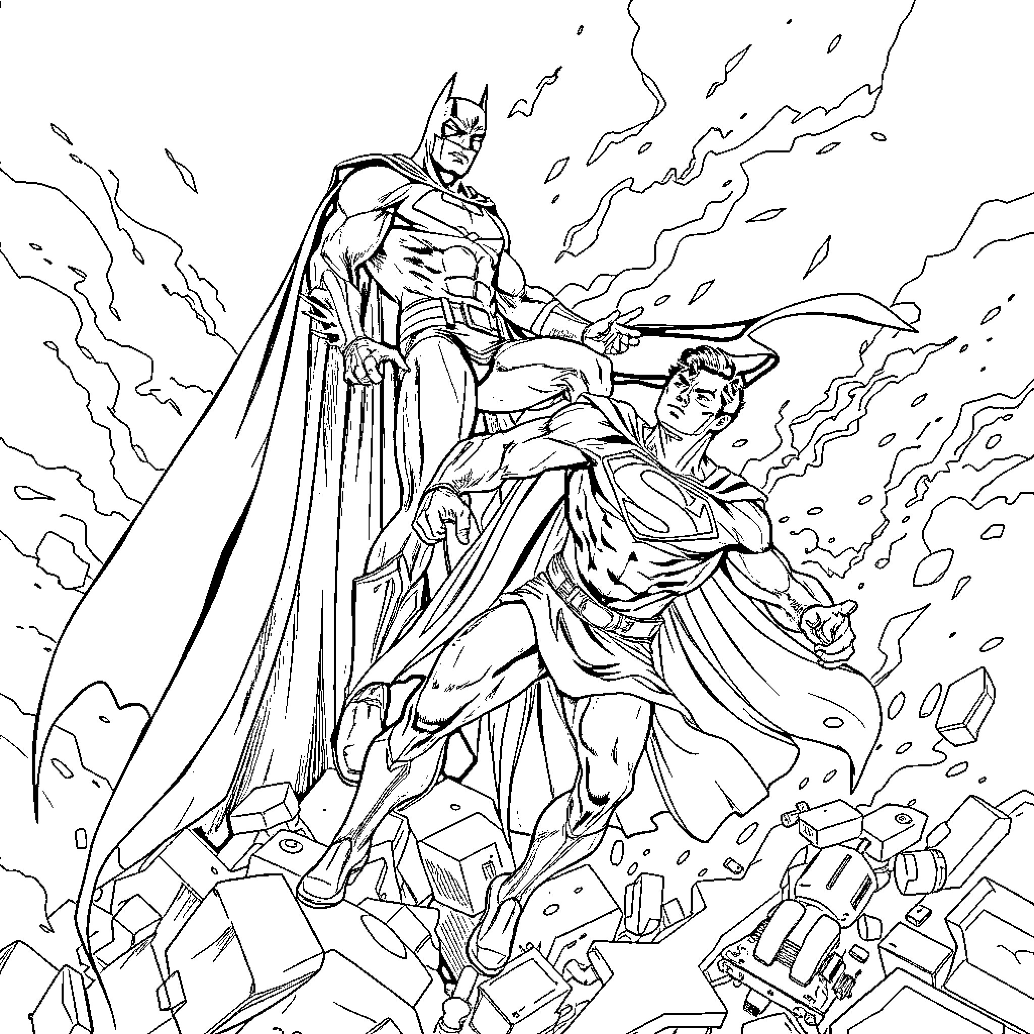 Batman and Superman engage in heroic battle Coloring Page (free black-and-white line drawing printable PDF for all, from beginners to advanced learners, including children, teens, adults, and seniors)