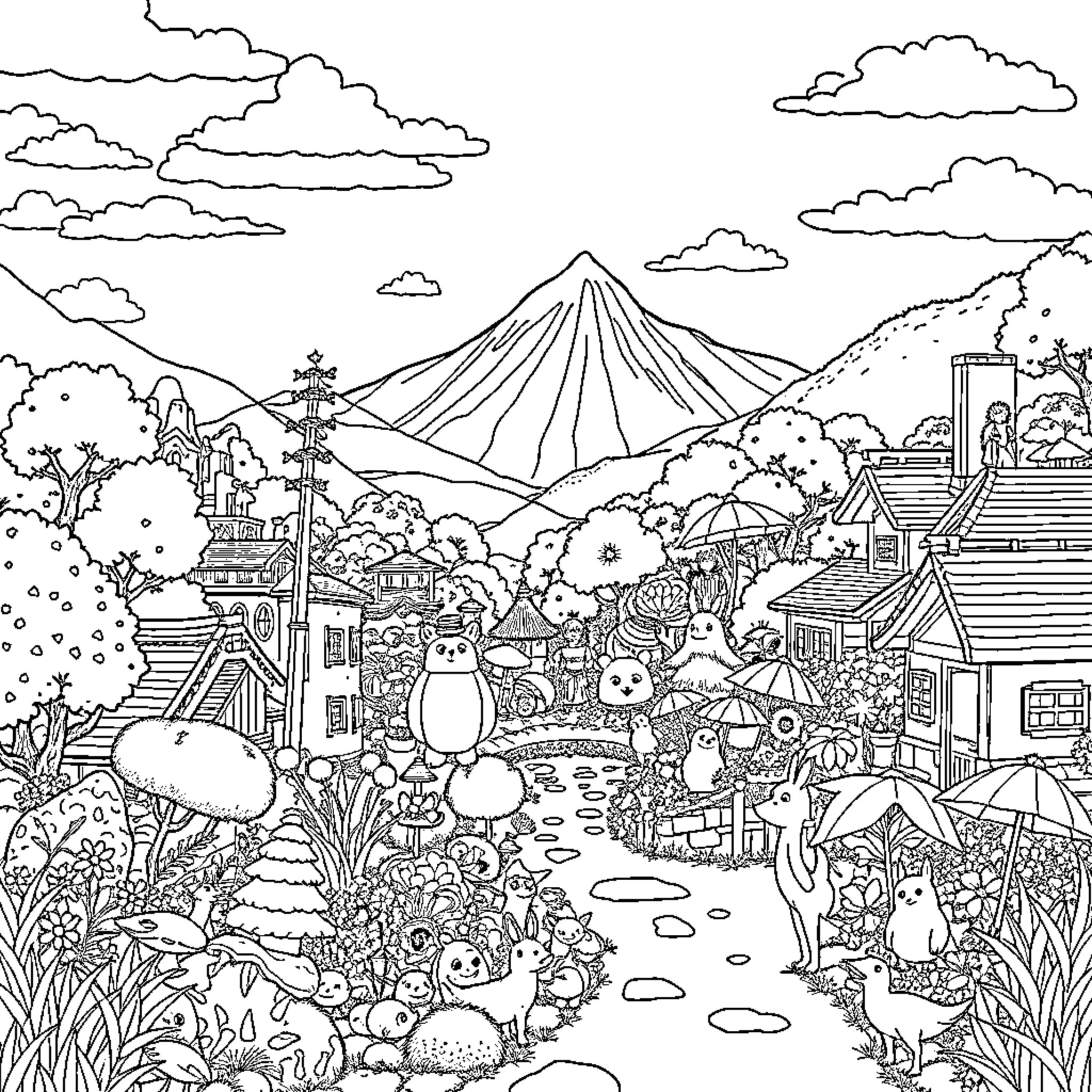 Ghibli Characters Explore Whimsical Landscape Coloring Page (free black-and-white line drawing printable PDF for all, from beginners to advanced learners, including children, teens, adults, and seniors)