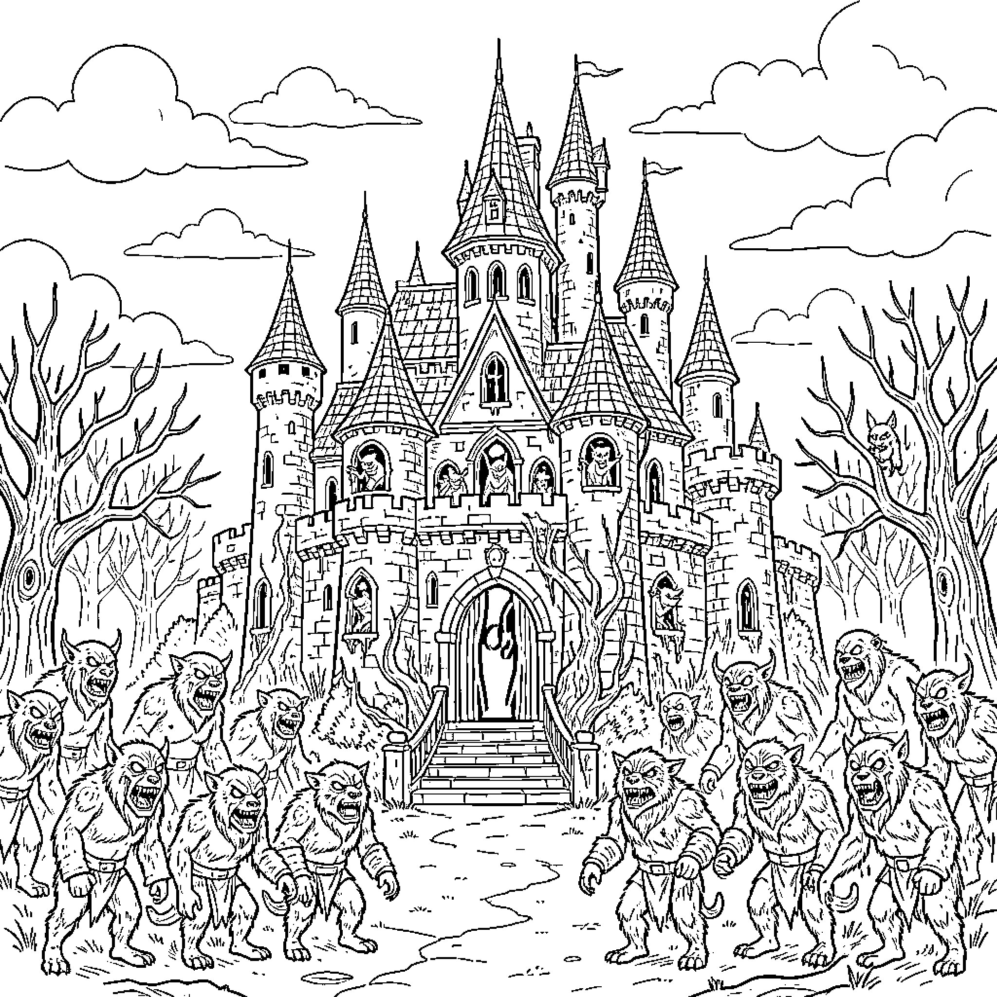 Monster creatures gathering in front of a spooky castle Coloring Page (free black-and-white line drawing printable PDF for all, from beginners to advanced learners, including children, teens, adults, and seniors)