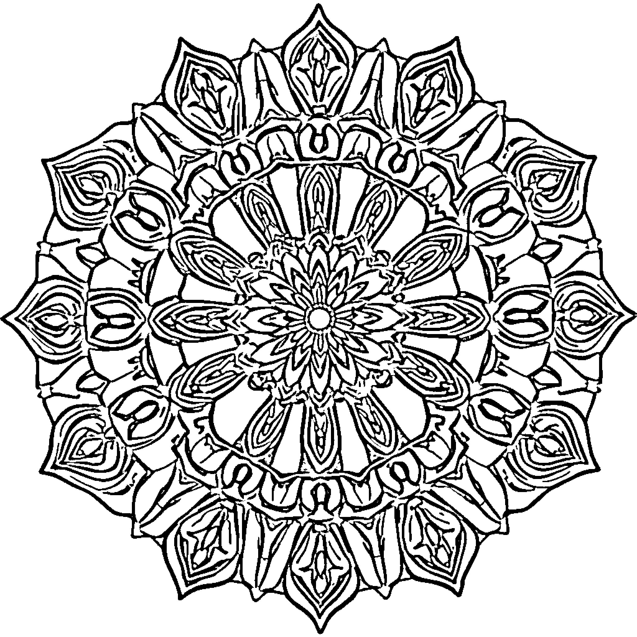Mandalas with intricate floral patterns and symmetrical designs Coloring Page (free black-and-white line drawing printable PDF for all, from beginners to advanced learners, including children, teens, adults, and seniors)