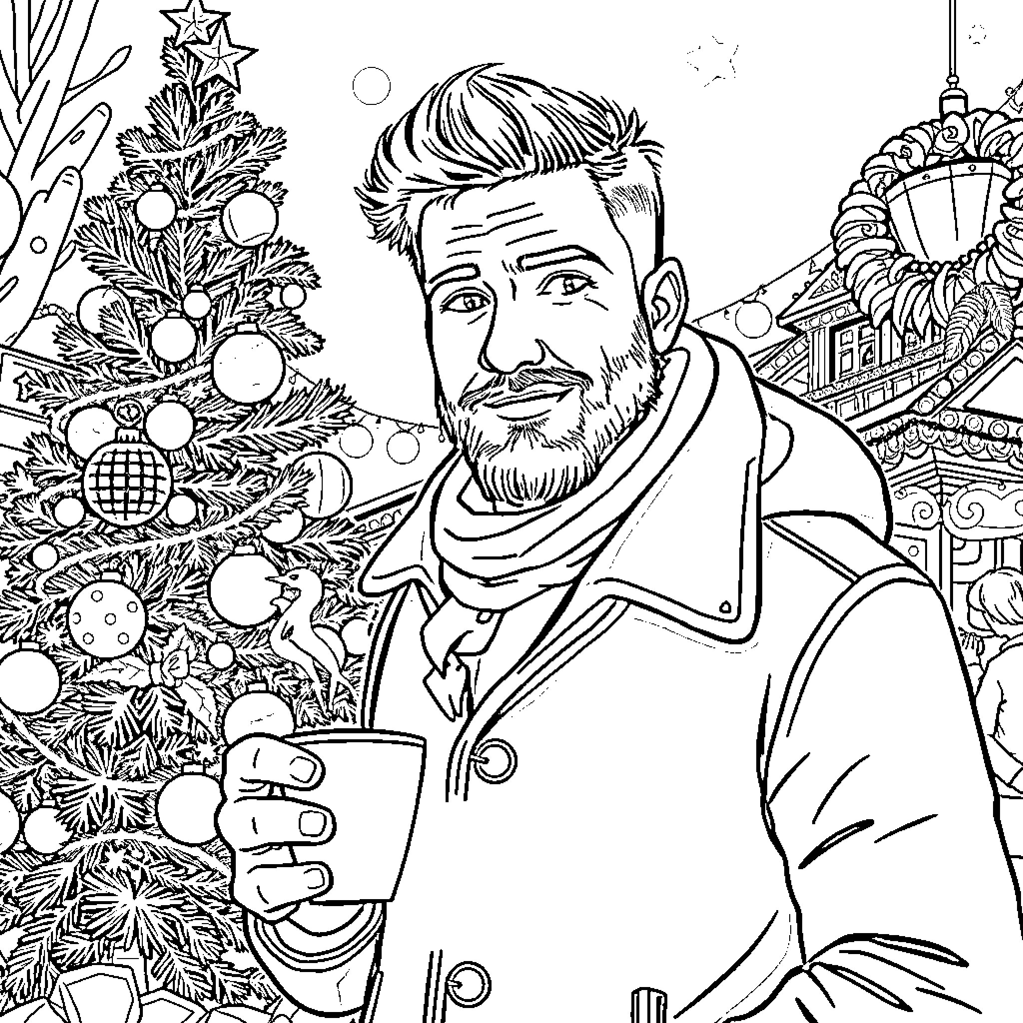 Man enjoying a festive winter scene with a Christmas tree Coloring Page (free black-and-white line drawing printable PDF for all, from beginners to advanced learners, including children, teens, adults, and seniors)