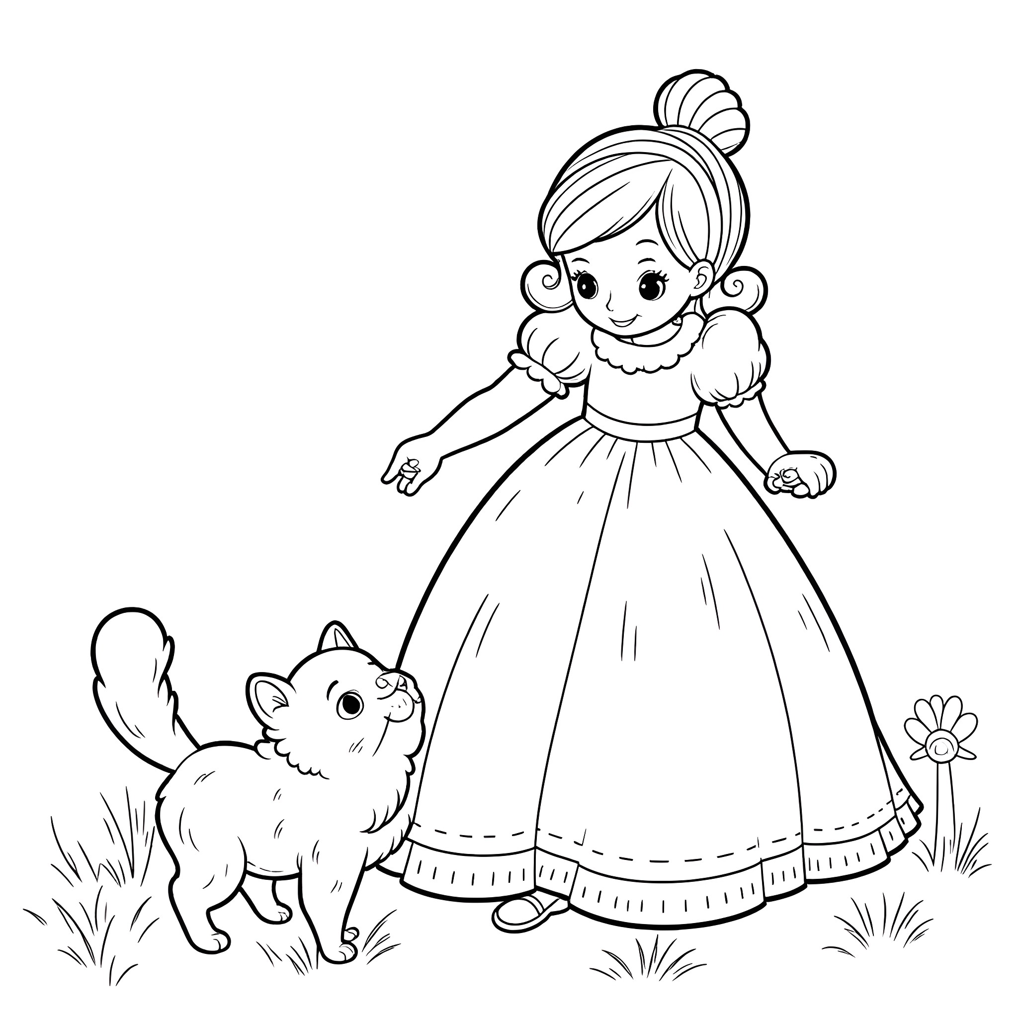 Cinderella and her kitten friend in the garden Coloring Page (free black-and-white line drawing printable PDF for all, from beginners to advanced learners, including children, teens, adults, and seniors)