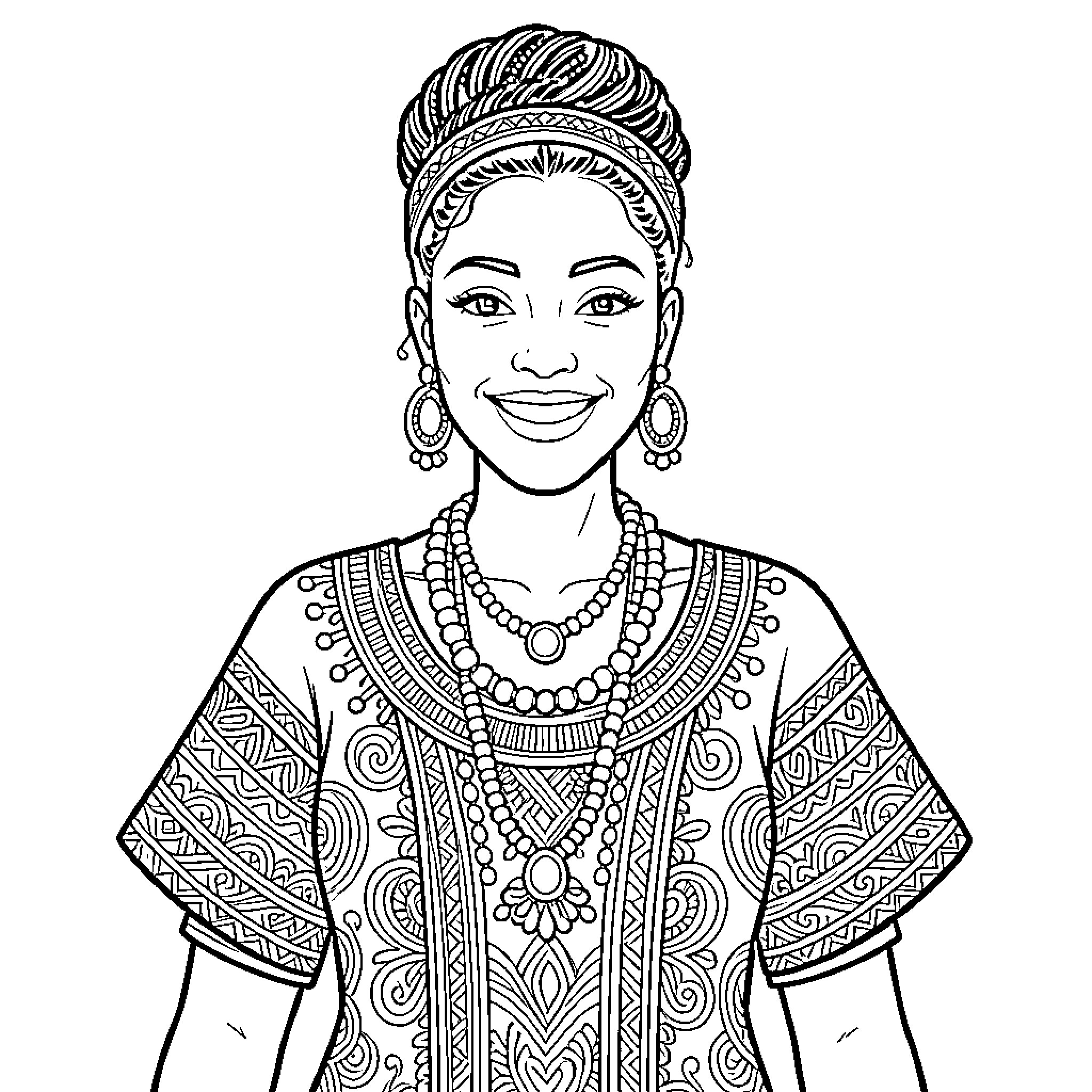 African Woman in Traditional Attire and Jewelry Coloring Page (free black-and-white line drawing printable PDF for all, from beginners to advanced learners, including children, teens, adults, and seniors)