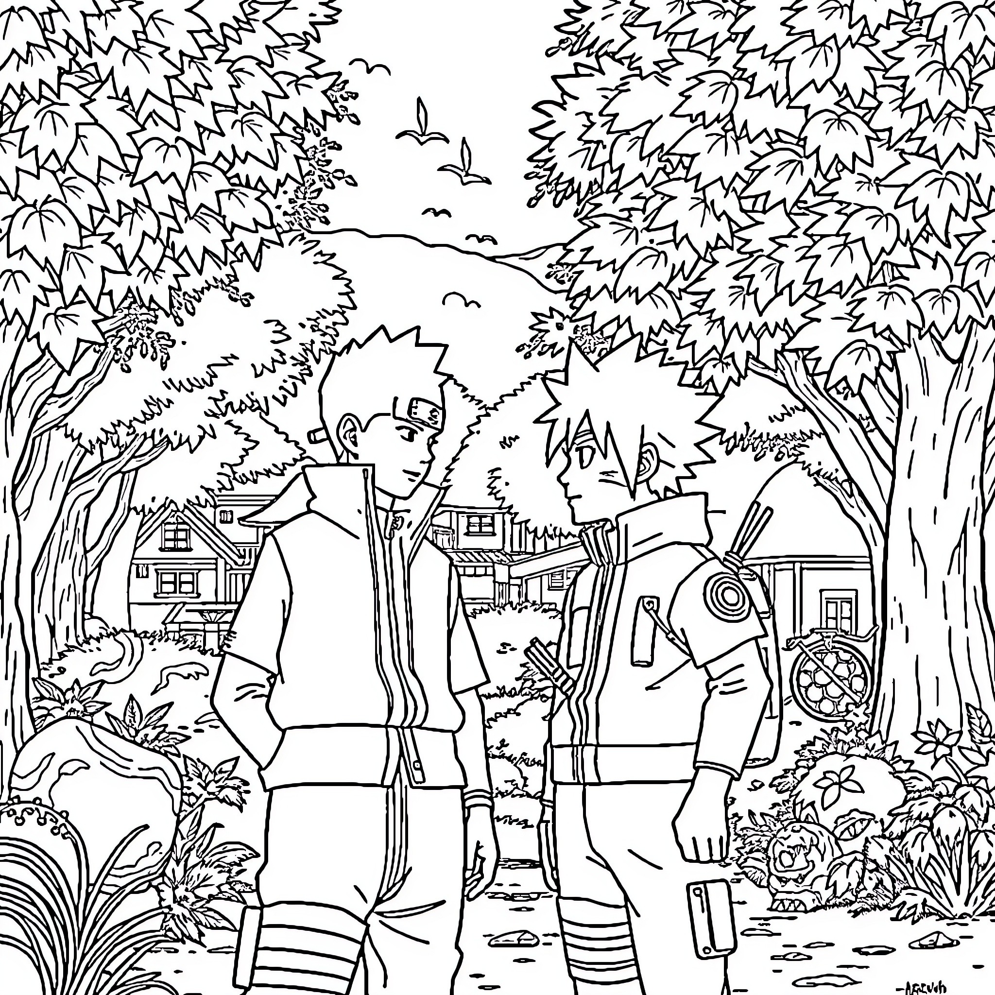Tanjiro exploring the natural world with friends Coloring Page (free black-and-white line drawing printable PDF for all, from beginners to advanced learners, including children, teens, adults, and seniors)