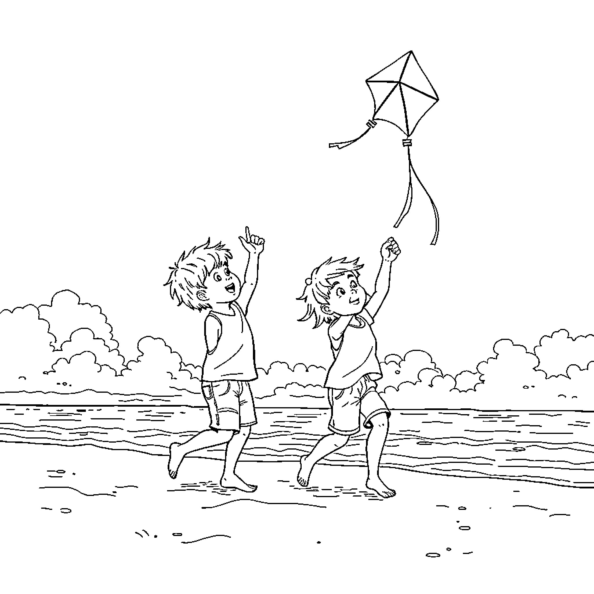 Kid Joyfully Flying Kite on the Beach Coloring Page (free black-and-white line drawing printable PDF for all, from beginners to advanced learners, including children, teens, adults, and seniors)