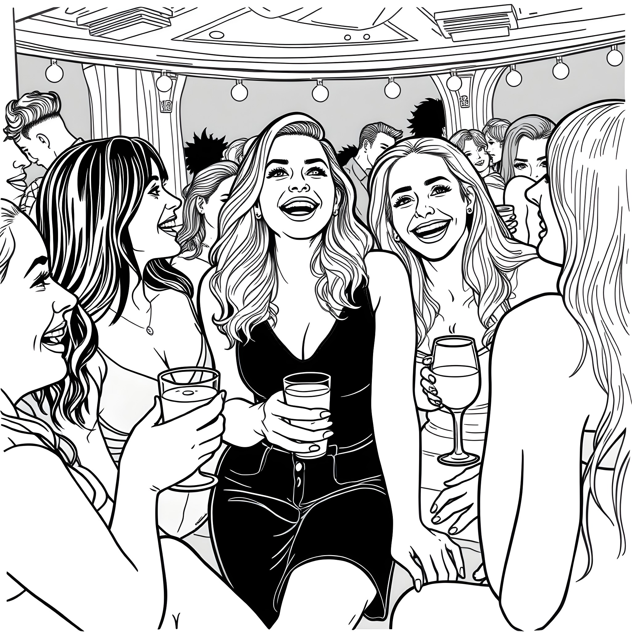 Mia Malkova and friends enjoying a night out Coloring Page (free black-and-white line drawing printable PDF for all, from beginners to advanced learners, including children, teens, adults, and seniors)