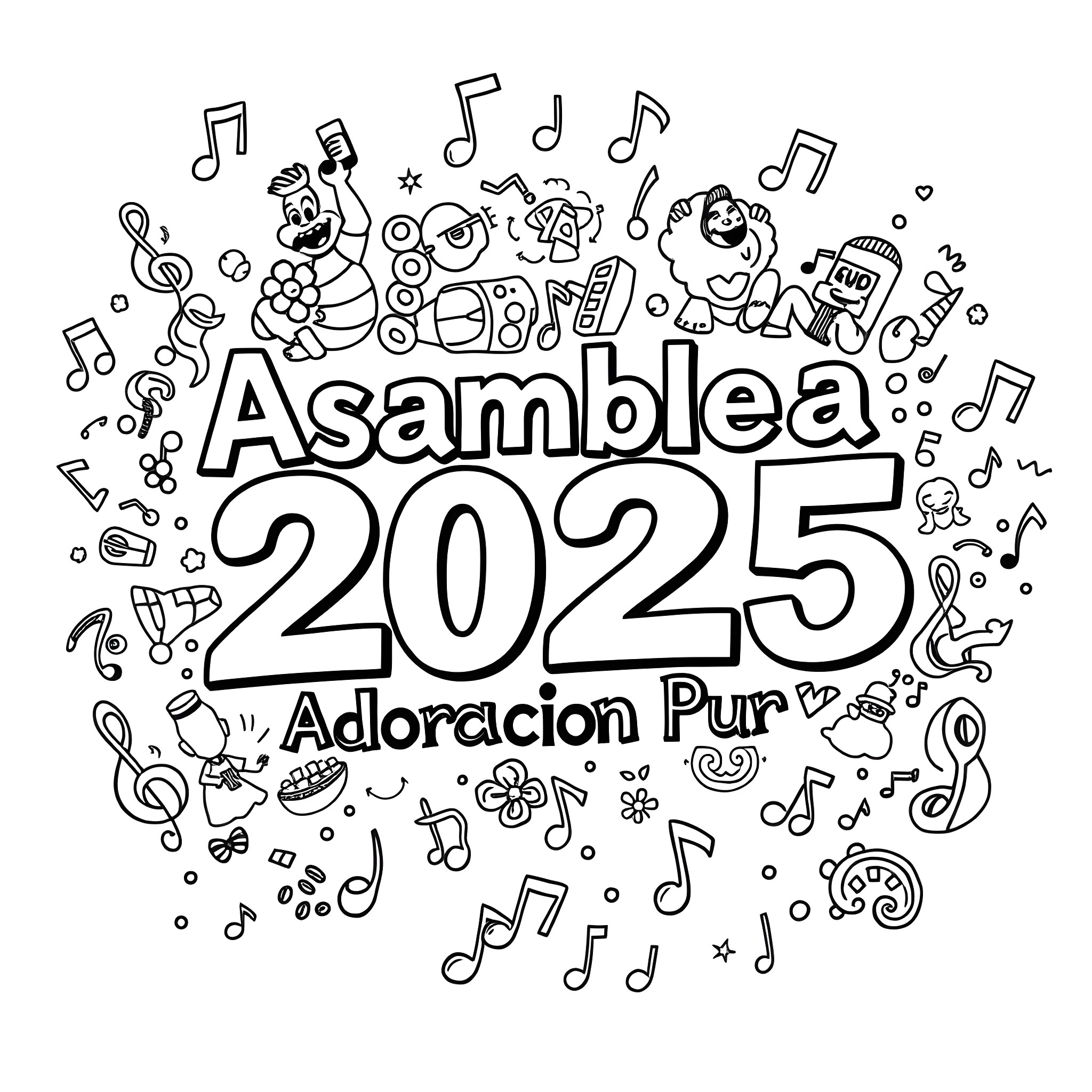 Text about Asamblea 2025 Adoracion Pura with music notes Coloring Page (free black-and-white line drawing printable PDF for all, from beginners to advanced learners, including children, teens, adults, and seniors)