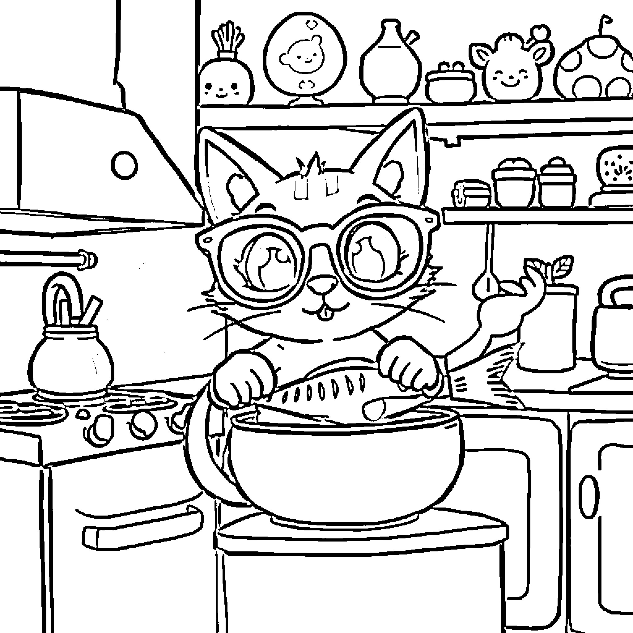 Cat cooking in the kitchen Coloring Page (free black-and-white line drawing printable PDF for all, from beginners to advanced learners, including children, teens, adults, and seniors)