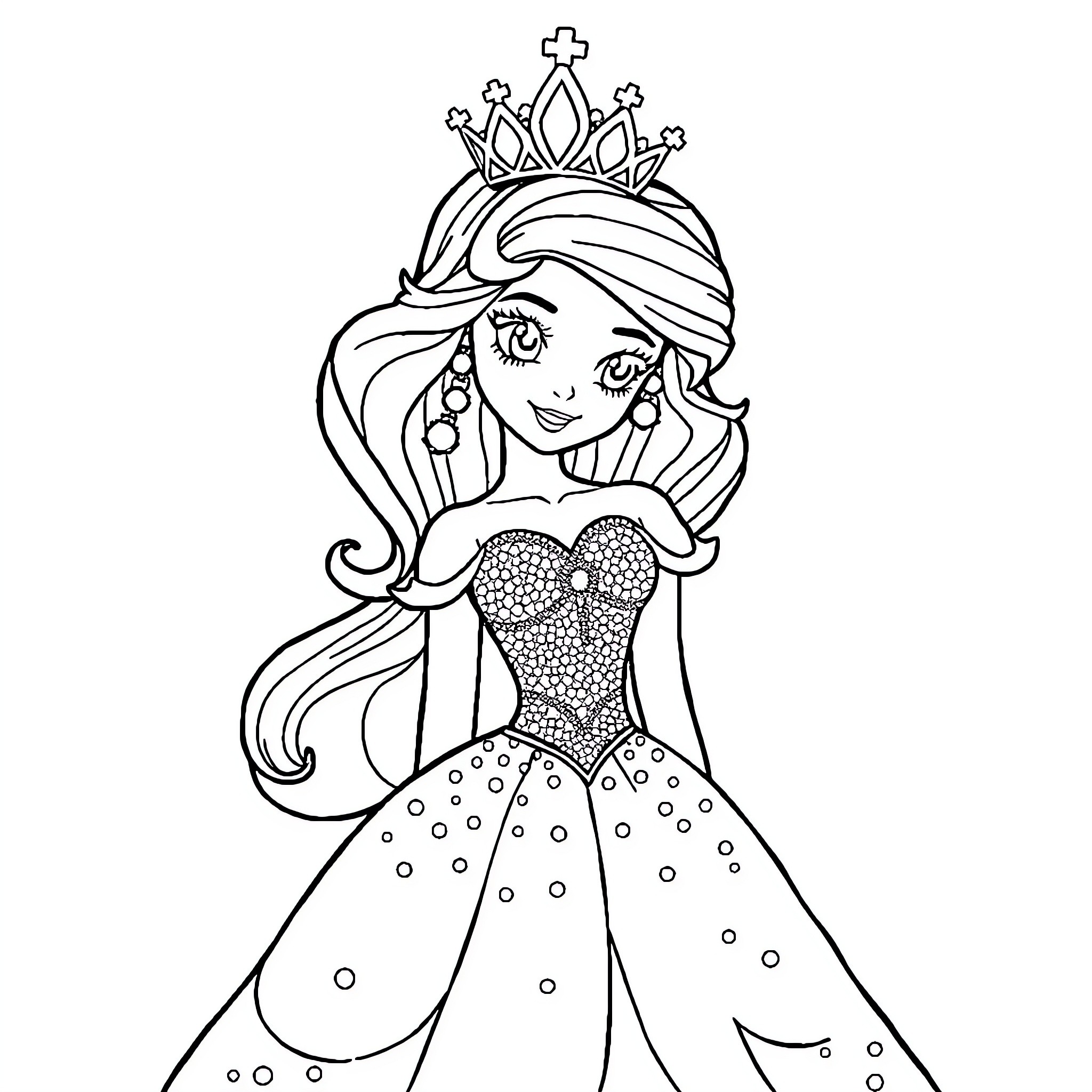 Princess in Elegant Gown and Crown Coloring Page (free black-and-white line drawing printable PDF for all, from beginners to advanced learners, including children, teens, adults, and seniors)