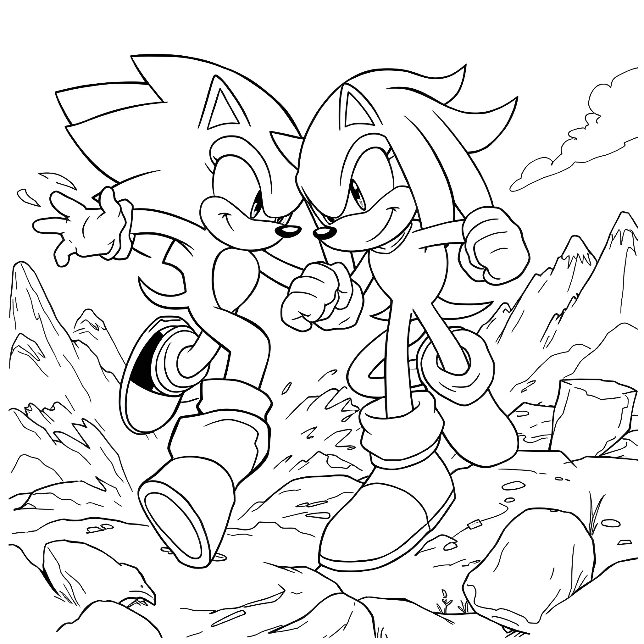 Sonic the Hedgehog running with his friend in the mountains Coloring Page (free black-and-white line drawing printable PDF for all, from beginners to advanced learners, including children, teens, adults, and seniors)
