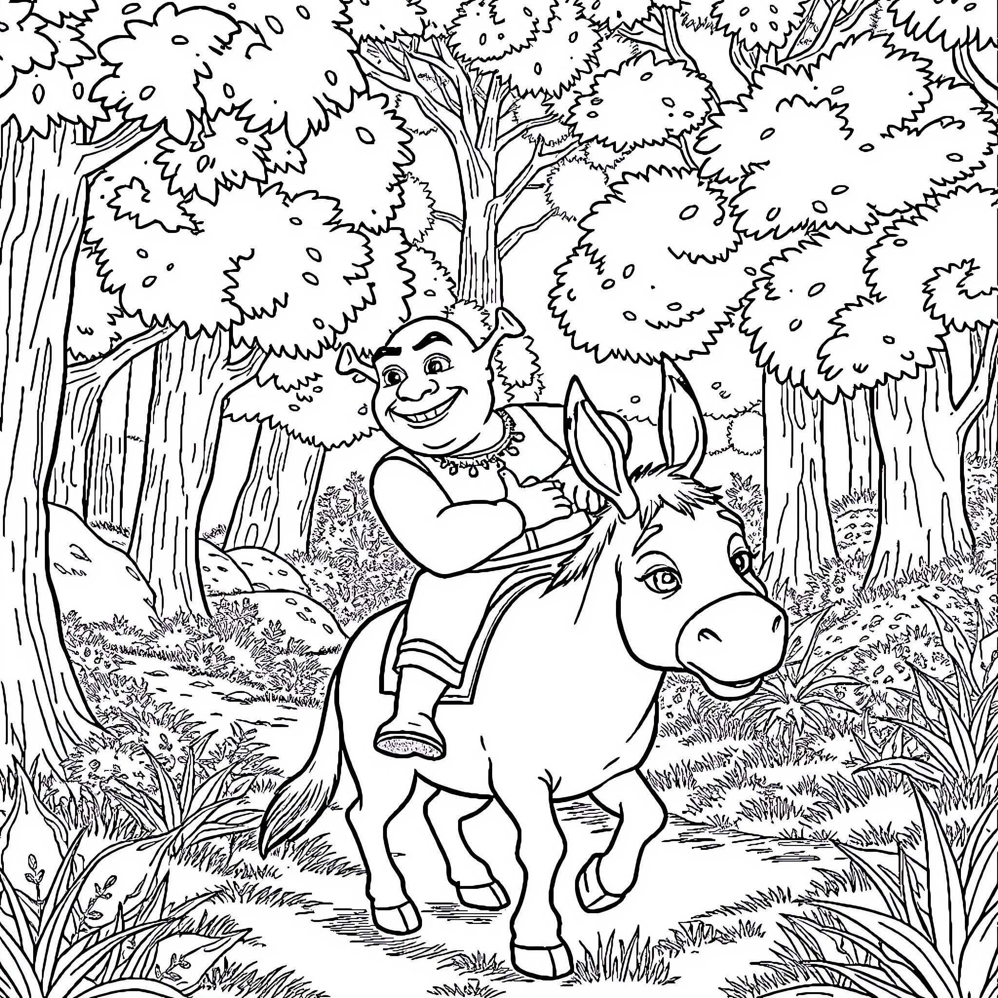 Shrek riding a cheerful donkey in the forest Coloring Page (free black-and-white line drawing printable PDF for all, from beginners to advanced learners, including children, teens, adults, and seniors)