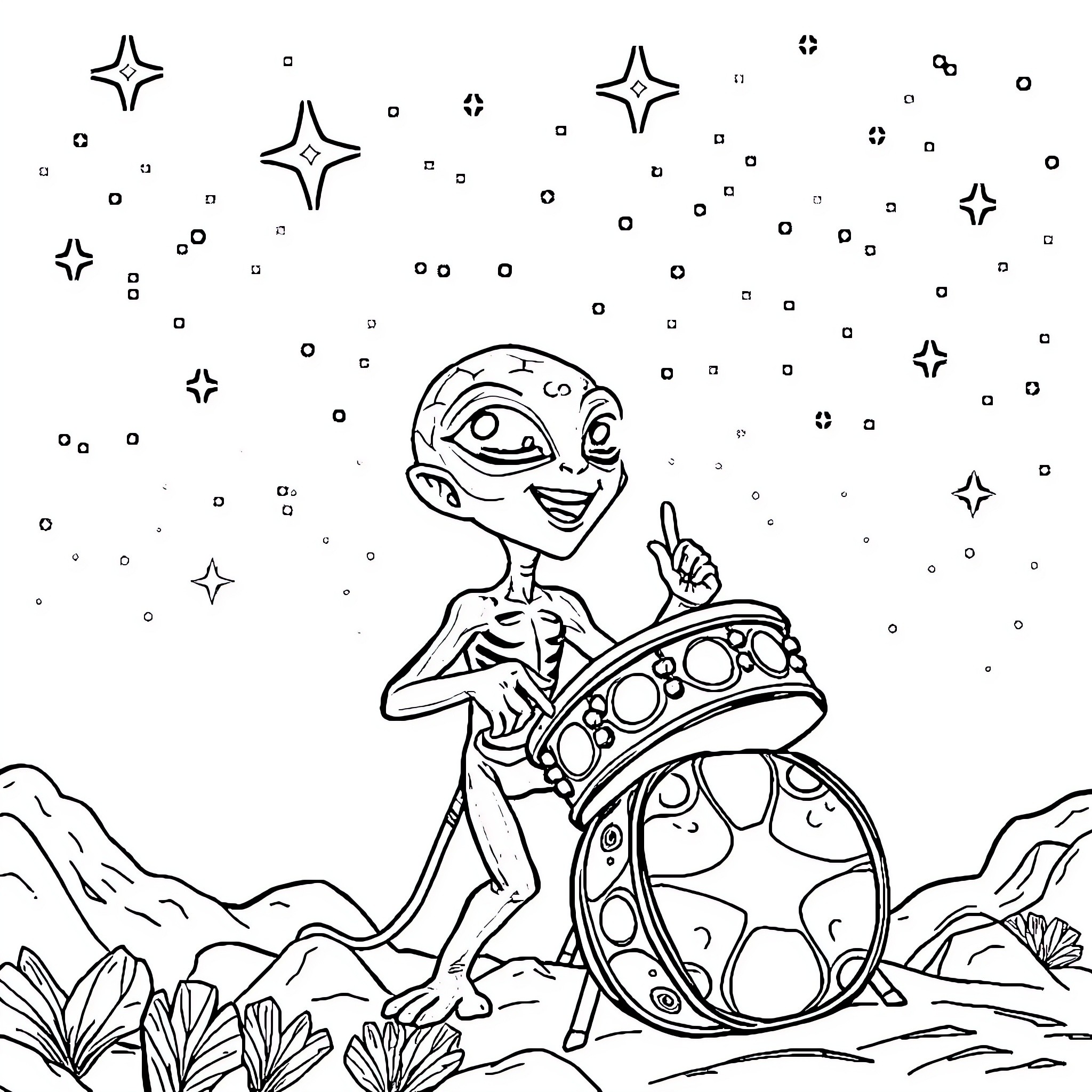 Alien playing joyfully with magical instrument under starry sky Coloring Page (free black-and-white line drawing printable PDF for all, from beginners to advanced learners, including children, teens, adults, and seniors)