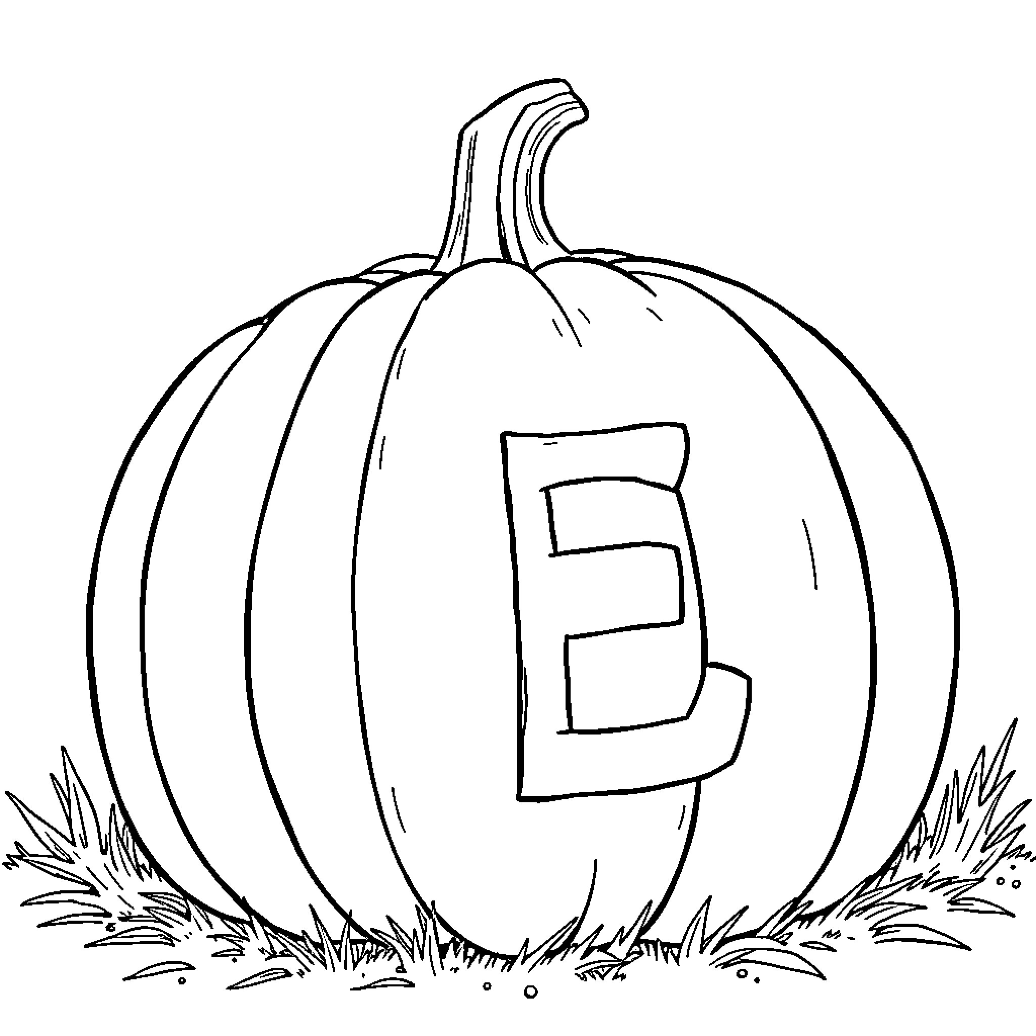 Pumpkin with letter E carved on it Coloring Page (free black-and-white line drawing printable PDF for all, from beginners to advanced learners, including children, teens, adults, and seniors)