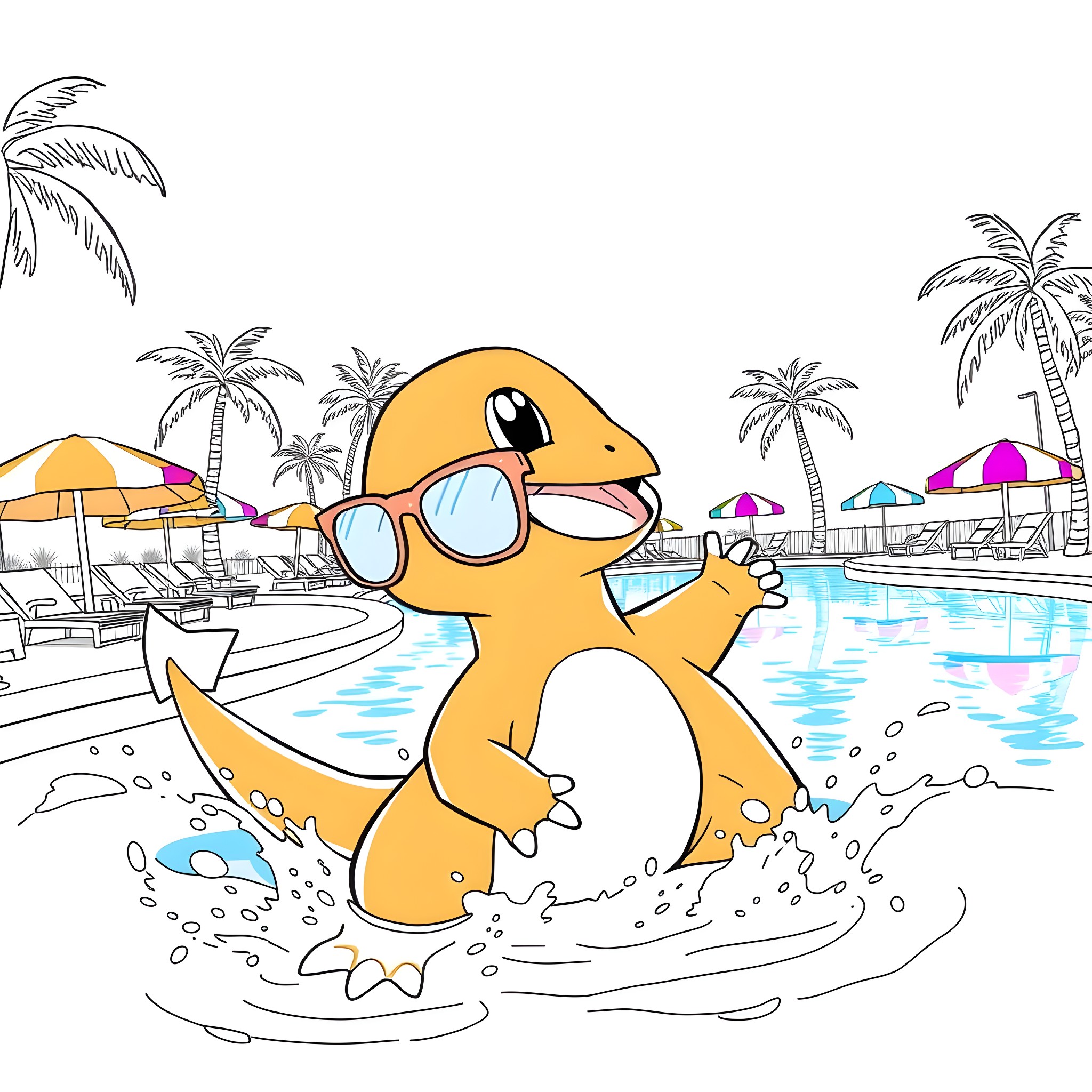 Charmander frolicking at the beach Coloring Page (free black-and-white line drawing printable PDF for all, from beginners to advanced learners, including children, teens, adults, and seniors)