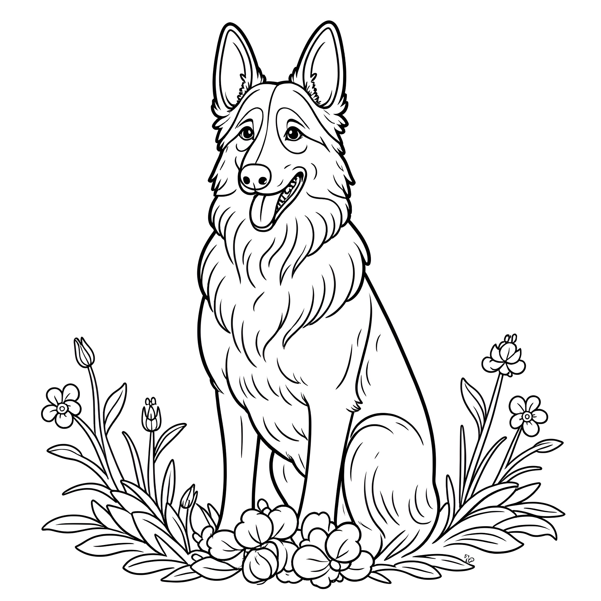 German Shepherd dog sitting in a floral garden Coloring Page (free black-and-white line drawing printable PDF for all, from beginners to advanced learners, including children, teens, adults, and seniors)