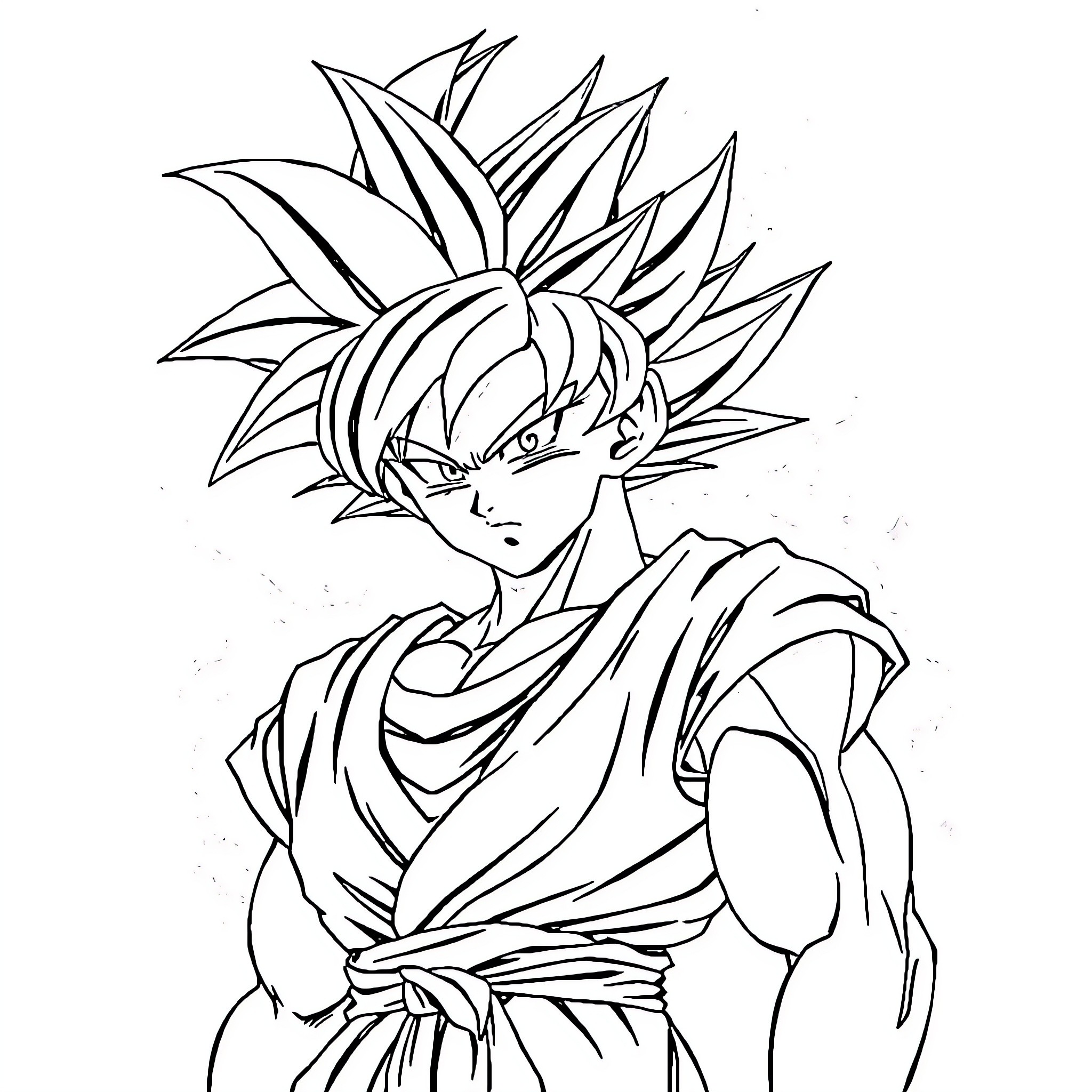 Son Goku in fierce battle mode Coloring Page (free black-and-white line drawing printable PDF for all, from beginners to advanced learners, including children, teens, adults, and seniors)