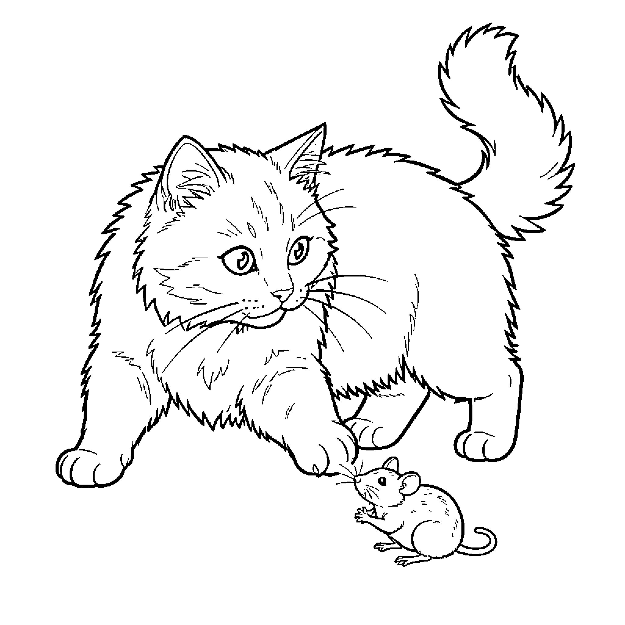 Cat cautiously eyeing tiny mouse Coloring Page (free black-and-white line drawing printable PDF for all, from beginners to advanced learners, including children, teens, adults, and seniors)