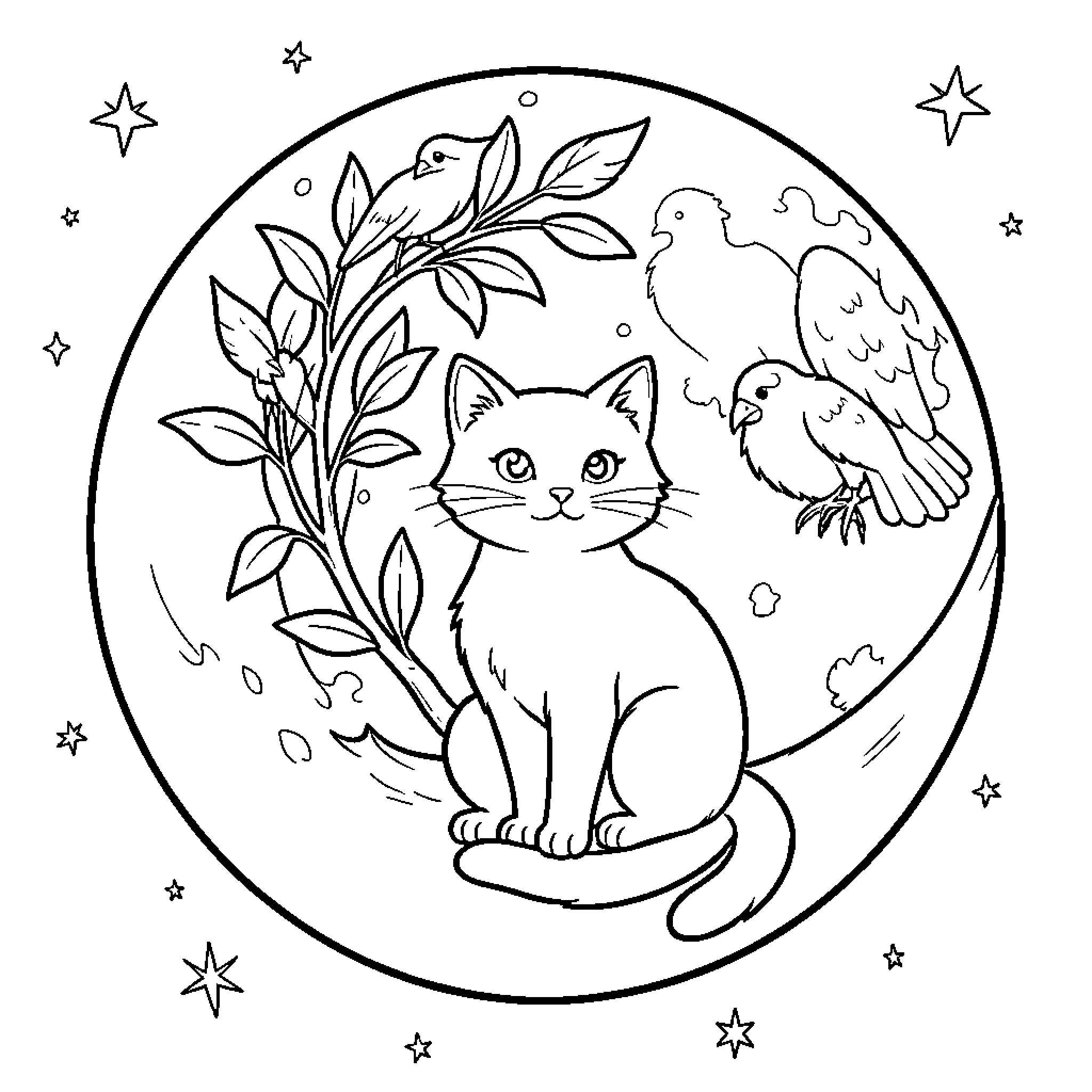 Cat in a Whimsical Garden Scene Coloring Page (free black-and-white line drawing printable PDF for all, from beginners to advanced learners, including children, teens, adults, and seniors)