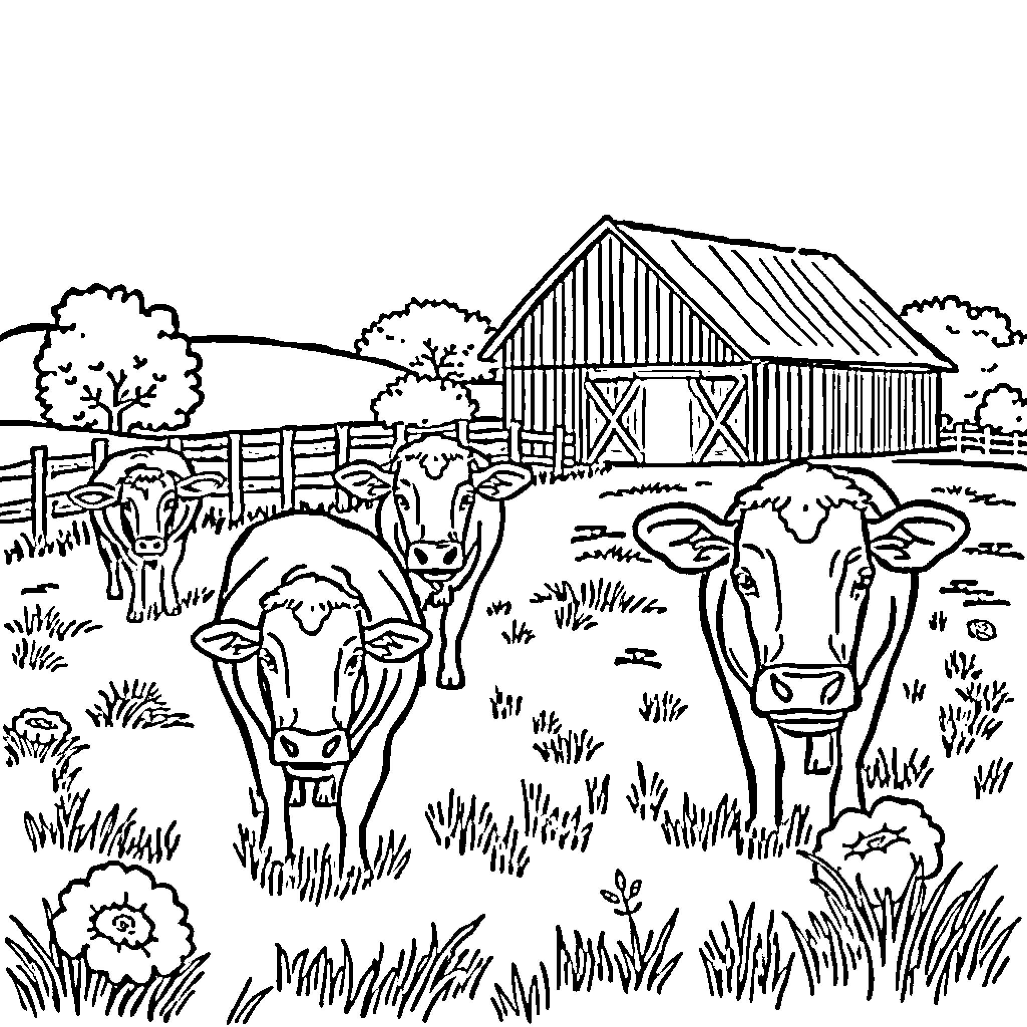 Farm Animals Grazing in Peaceful Pastoral Scene Coloring Page (free black-and-white line drawing printable PDF for all, from beginners to advanced learners, including children, teens, adults, and seniors)
