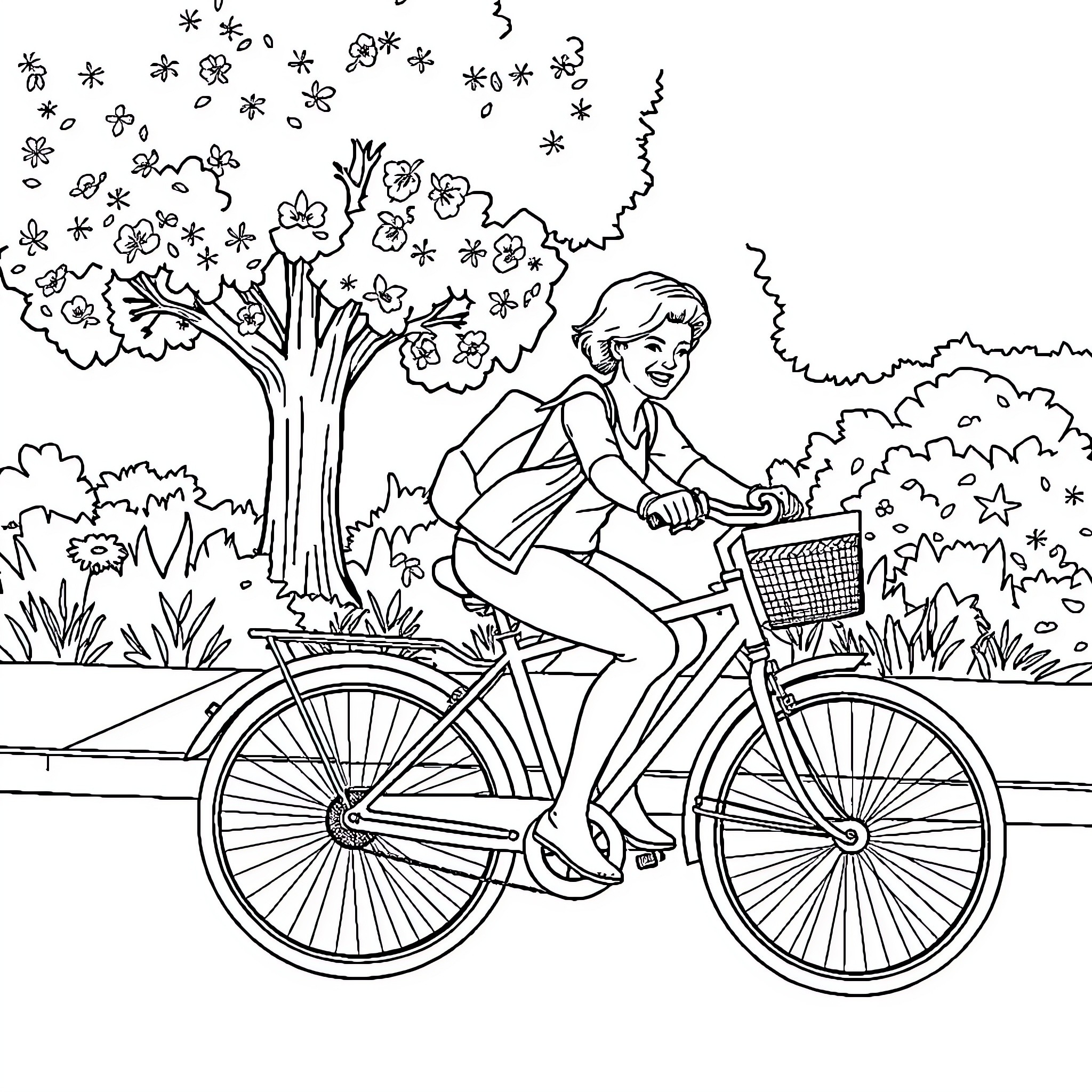 Lady cycling joyfully through a blooming park Coloring Page (free black-and-white line drawing printable PDF for all, from beginners to advanced learners, including children, teens, adults, and seniors)