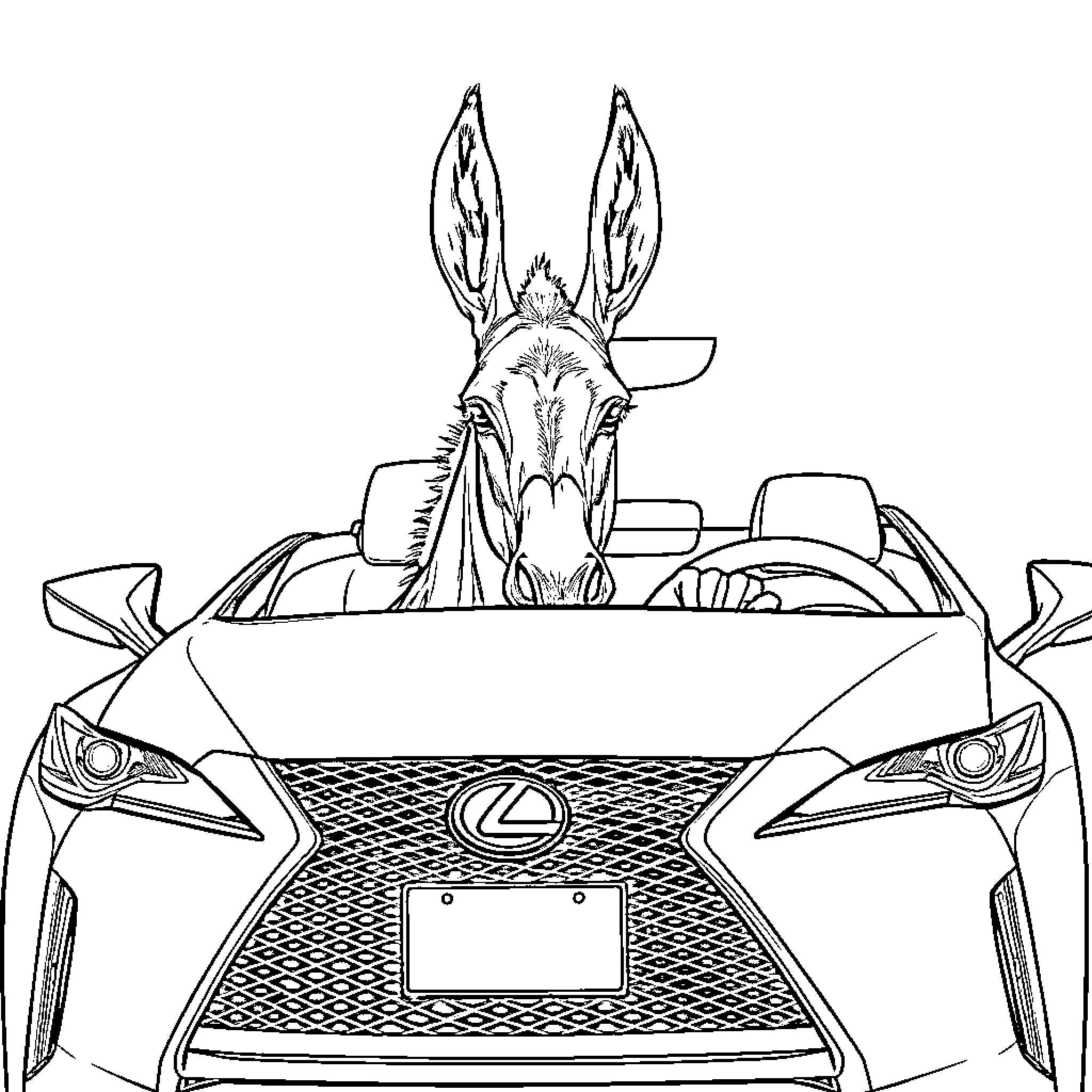 Donkey driving luxurious sports car Coloring Page (free black-and-white line drawing printable PDF for all, from beginners to advanced learners, including children, teens, adults, and seniors)