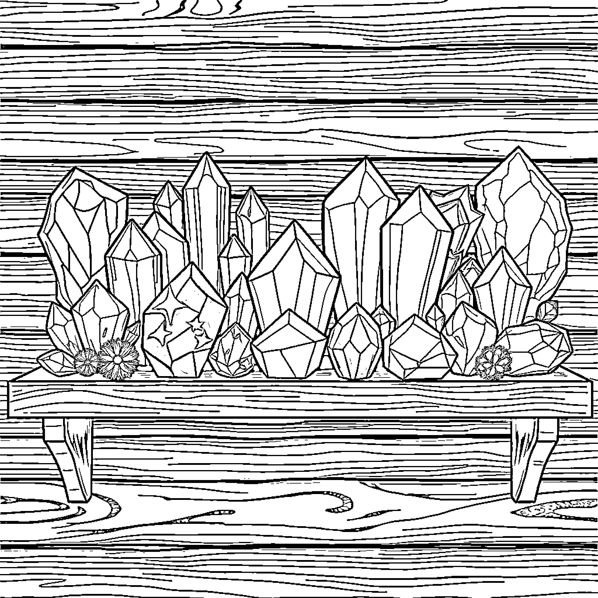 Crystal Formations in Wooden Display Coloring Page (free black-and-white line drawing printable PDF for all, from beginners to advanced learners, including children, teens, adults, and seniors)