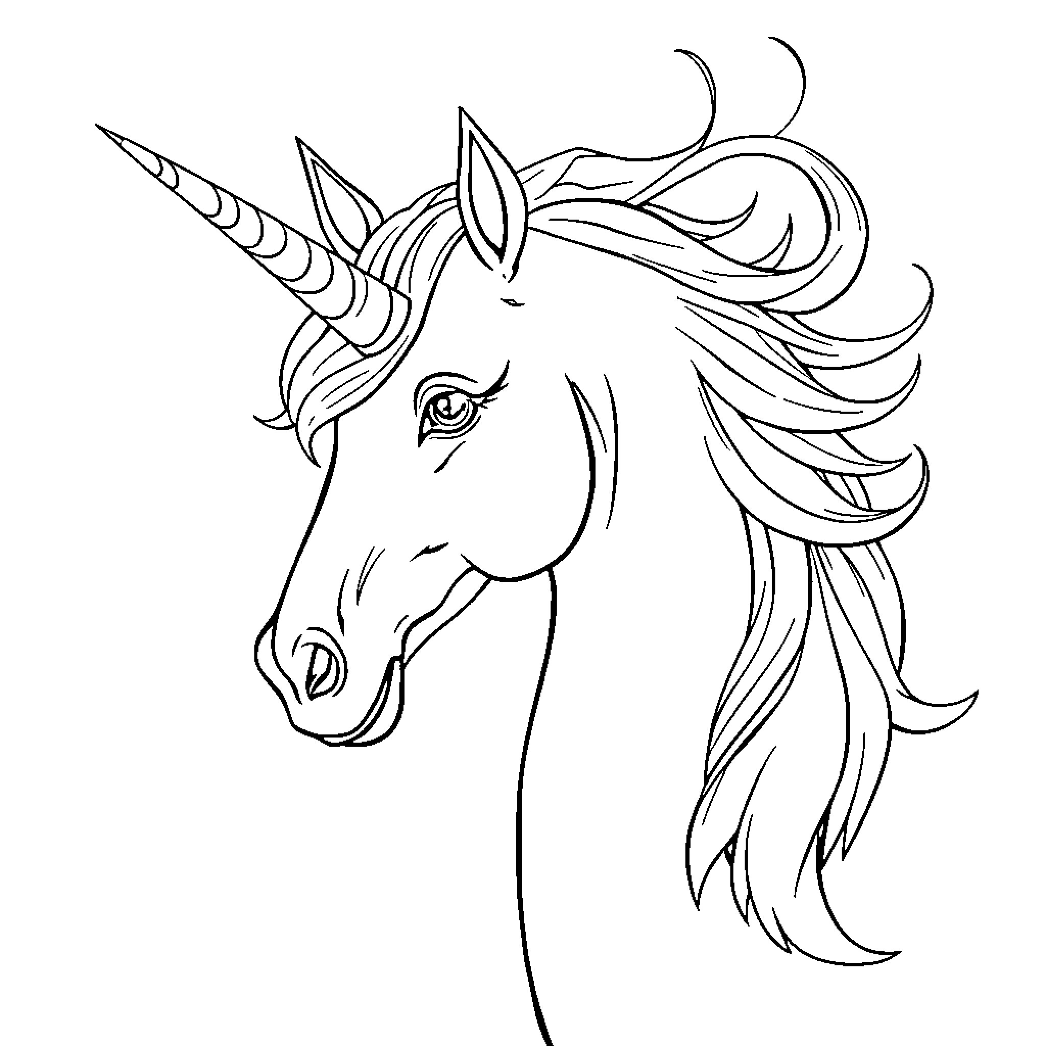 Unicorn with flowing mane and horn Coloring Page (free black-and-white line drawing printable PDF for all, from beginners to advanced learners, including children, teens, adults, and seniors)