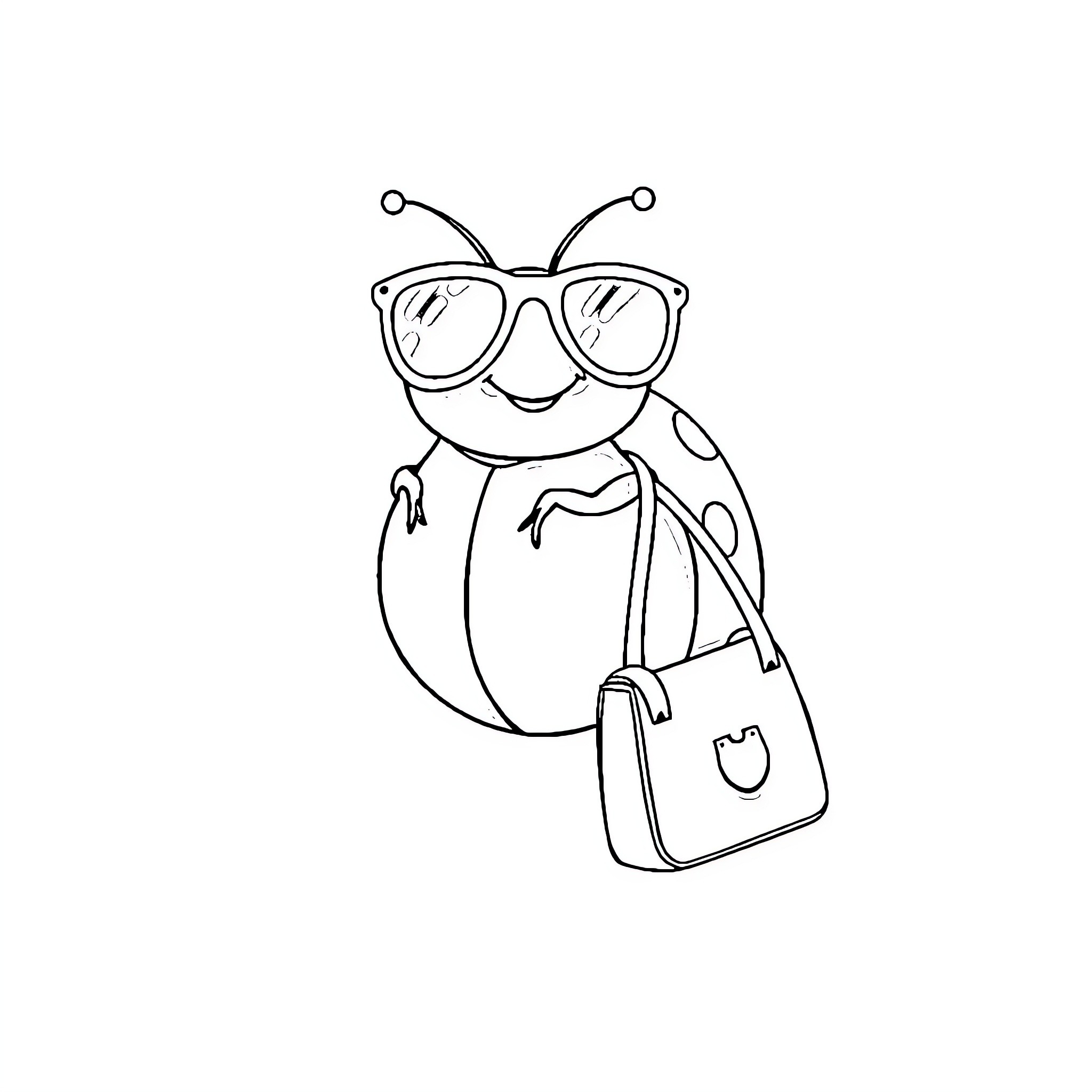 Ladybug with glasses and a purse Coloring Page (free black-and-white line drawing printable PDF for all, from beginners to advanced learners, including children, teens, adults, and seniors)