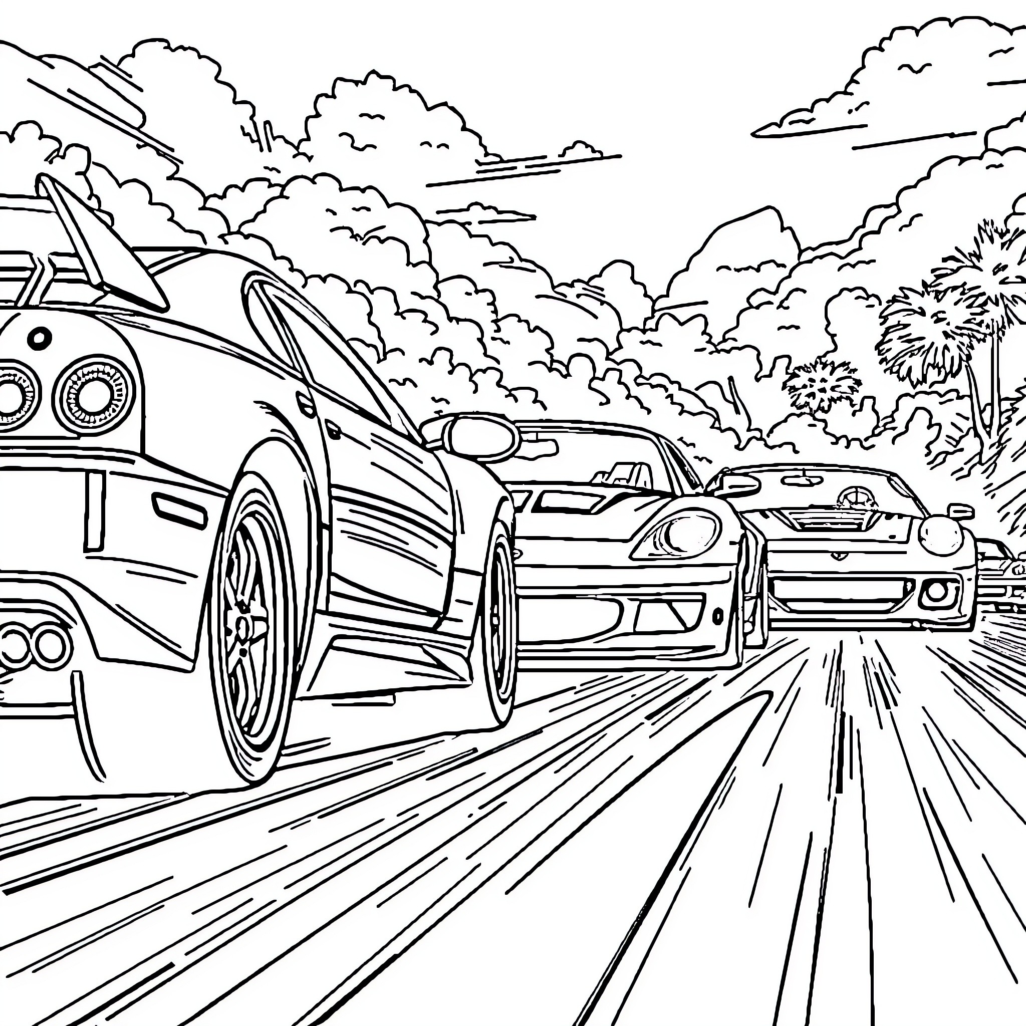 Car Race on Winding Road in Nature Coloring Page (free black-and-white line drawing printable PDF for all, from beginners to advanced learners, including children, teens, adults, and seniors)