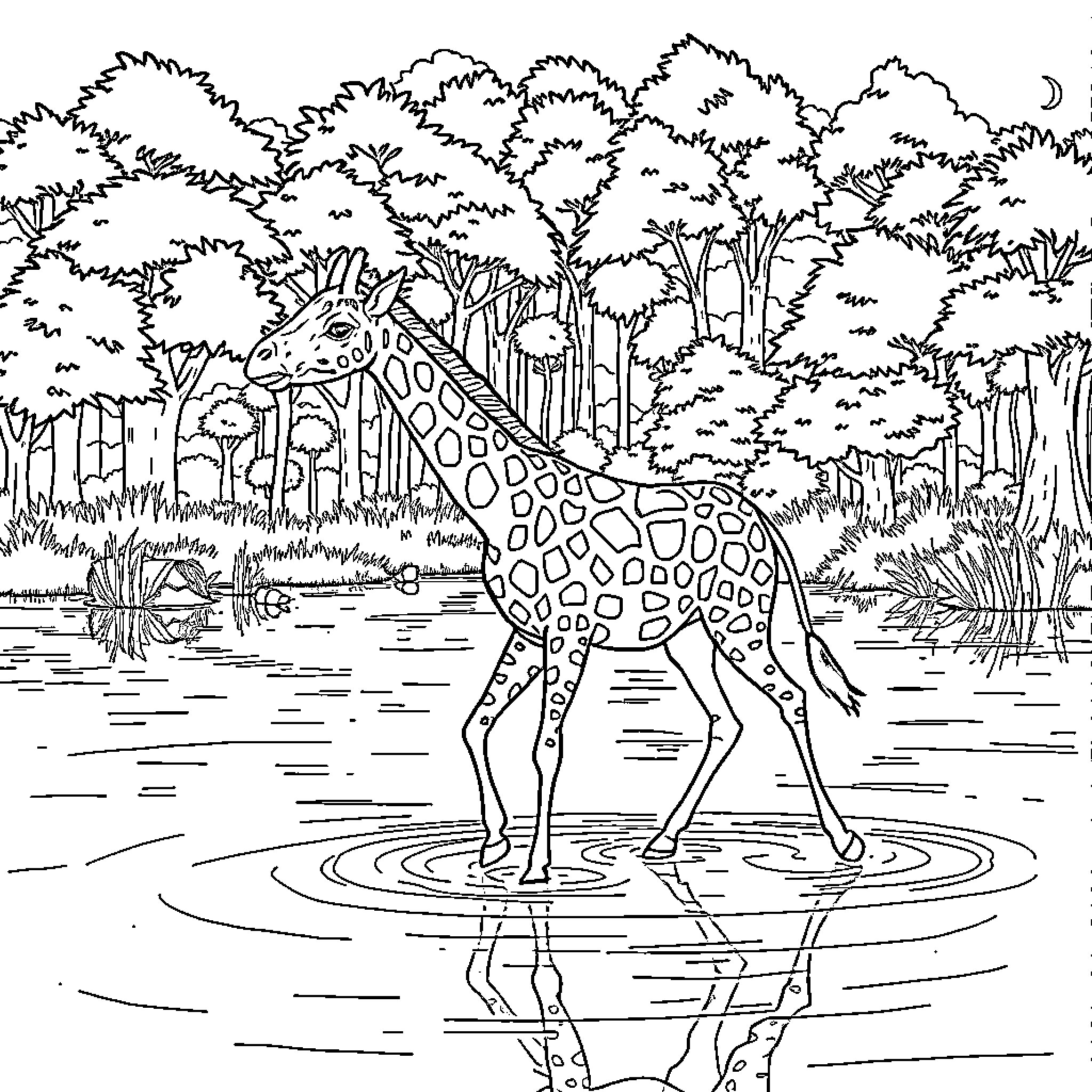 Giraffe walking gracefully in the forest Coloring Page (free black-and-white line drawing printable PDF for all, from beginners to advanced learners, including children, teens, adults, and seniors)