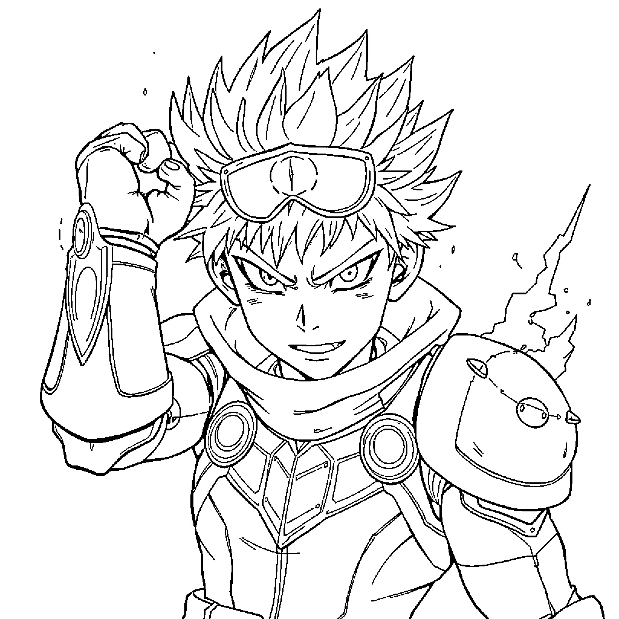 Katsuki Bakugo Wielding Explosive Gear in Action Coloring Page (free black-and-white line drawing printable PDF for all, from beginners to advanced learners, including children, teens, adults, and seniors)