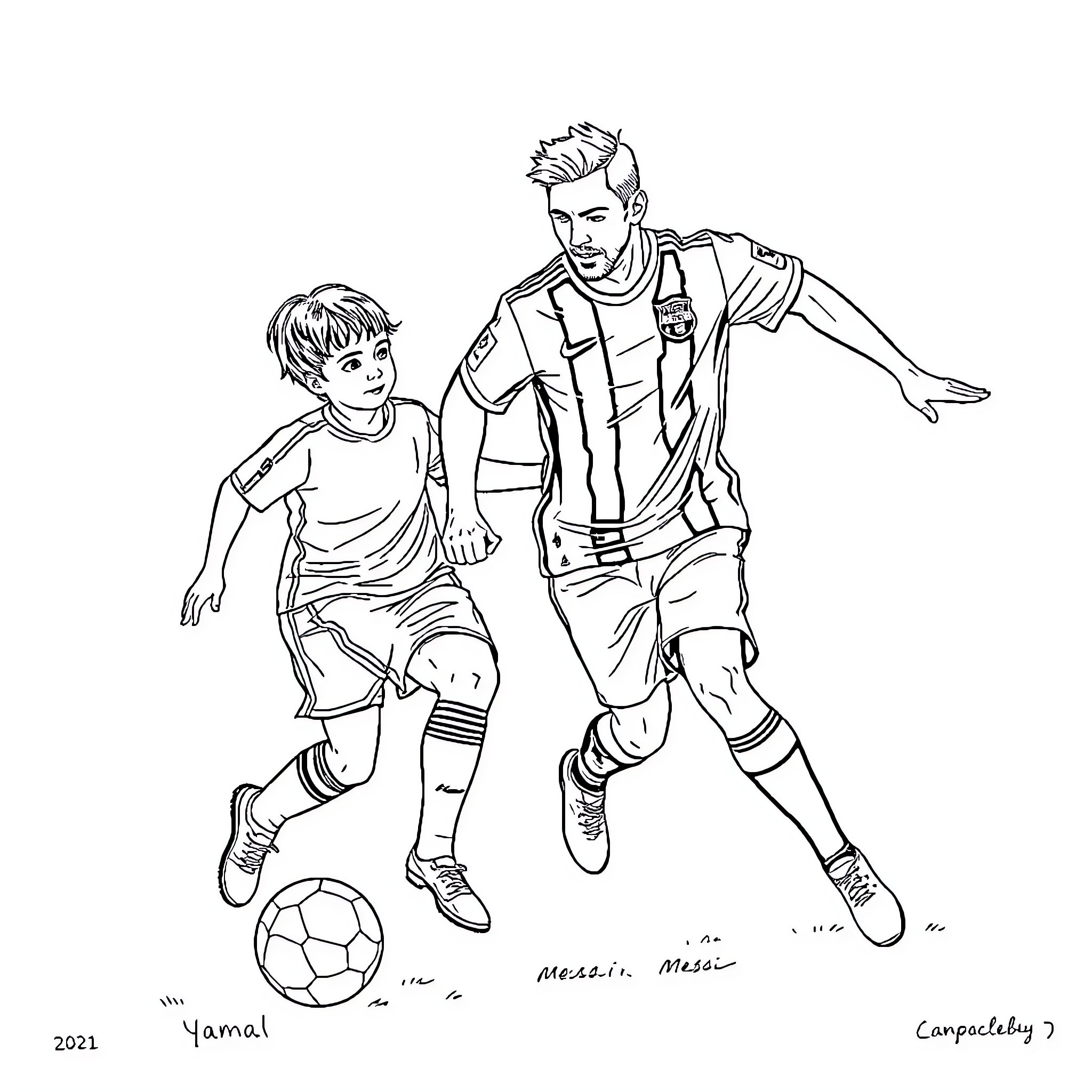 Messi playing soccer with young fan Coloring Page (free black-and-white line drawing printable PDF for all, from beginners to advanced learners, including children, teens, adults, and seniors)