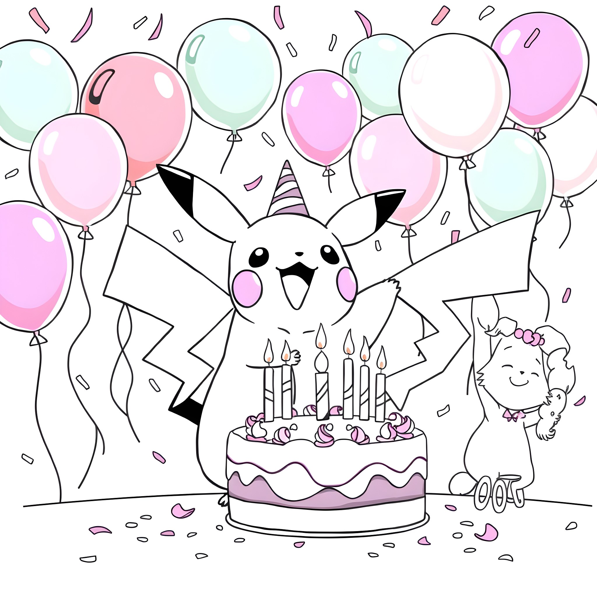 Pikachu celebrating birthday with balloons and cake Coloring Page (free black-and-white line drawing printable PDF for all, from beginners to advanced learners, including children, teens, adults, and seniors)