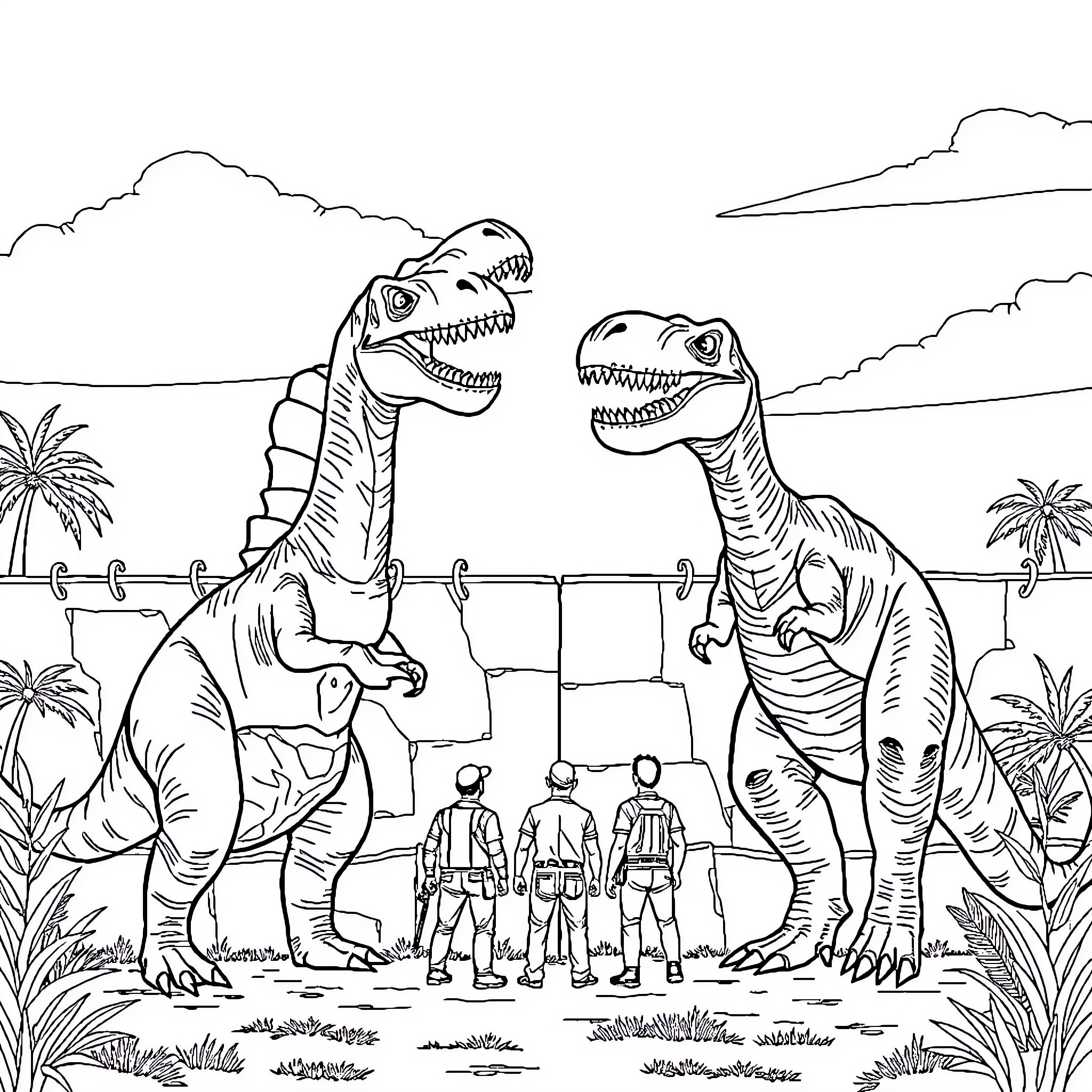 Dinosaurs Roaring Menacingly in Prehistoric Landscape Coloring Page (free black-and-white line drawing printable PDF for all, from beginners to advanced learners, including children, teens, adults, and seniors)