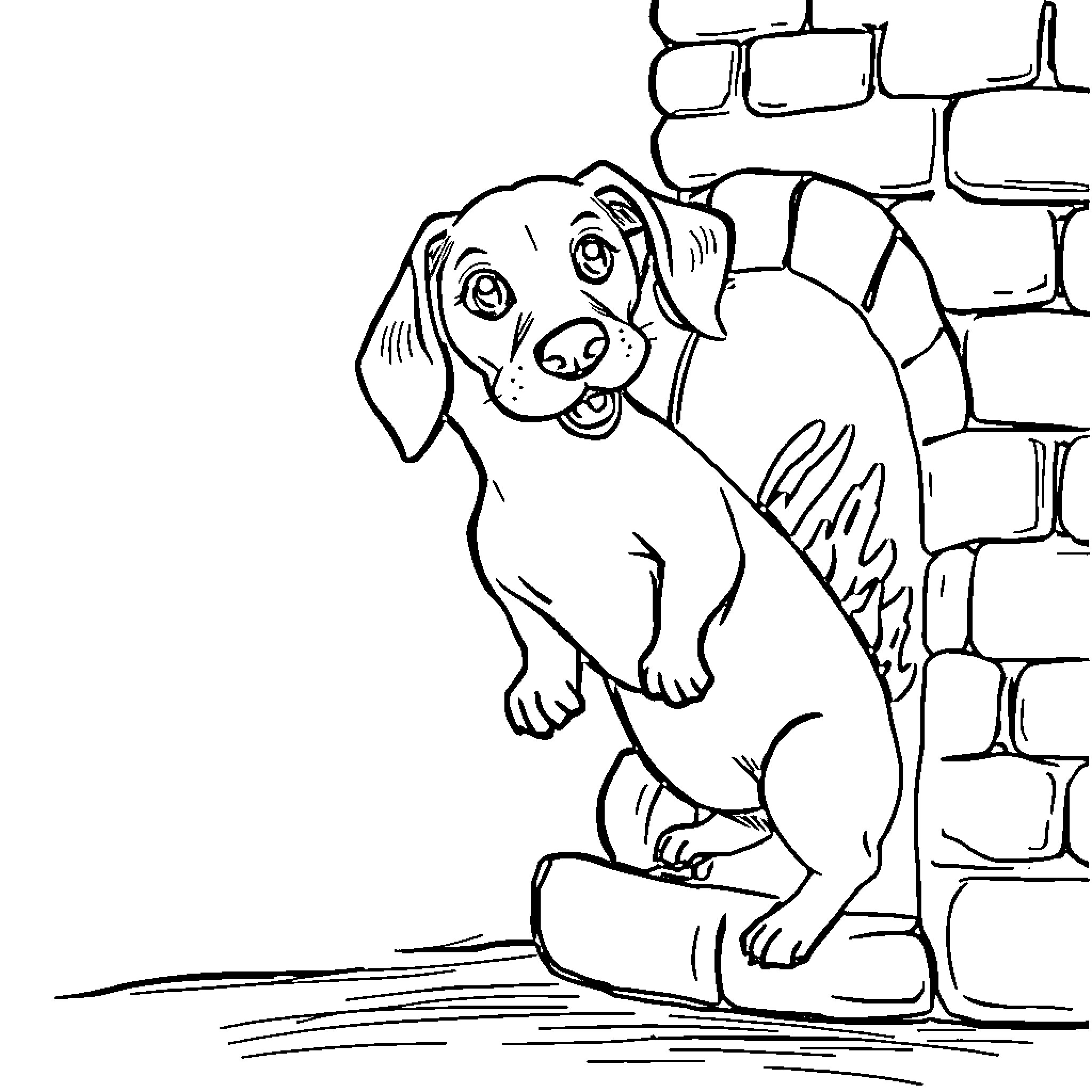 Dachshund sitting playfully in front of brick wall Coloring Page (free black-and-white line drawing printable PDF for all, from beginners to advanced learners, including children, teens, adults, and seniors)