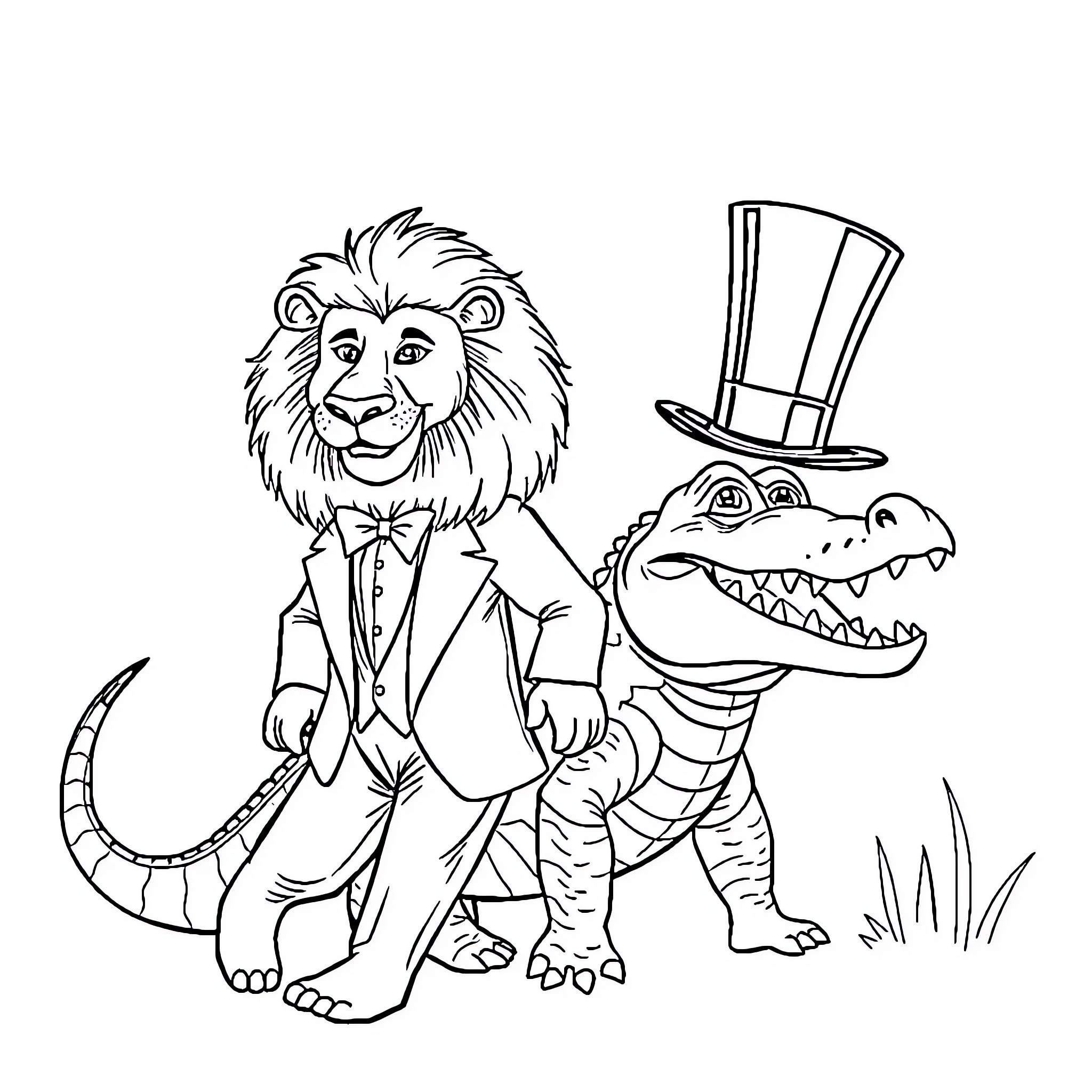 Lion and Alligator Dressed in Formal Attire Coloring Page (free black-and-white line drawing printable PDF for all, from beginners to advanced learners, including children, teens, adults, and seniors)