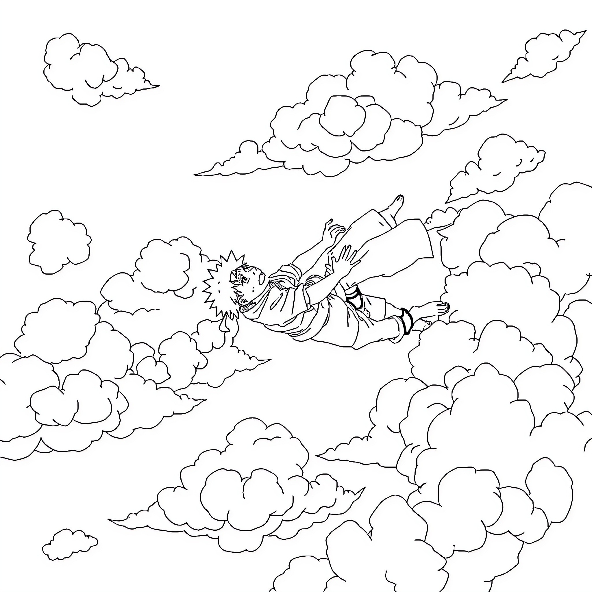 Naruto soaring through the clouds with ninja skills Coloring Page (free black-and-white line drawing printable PDF for all, from beginners to advanced learners, including children, teens, adults, and seniors)