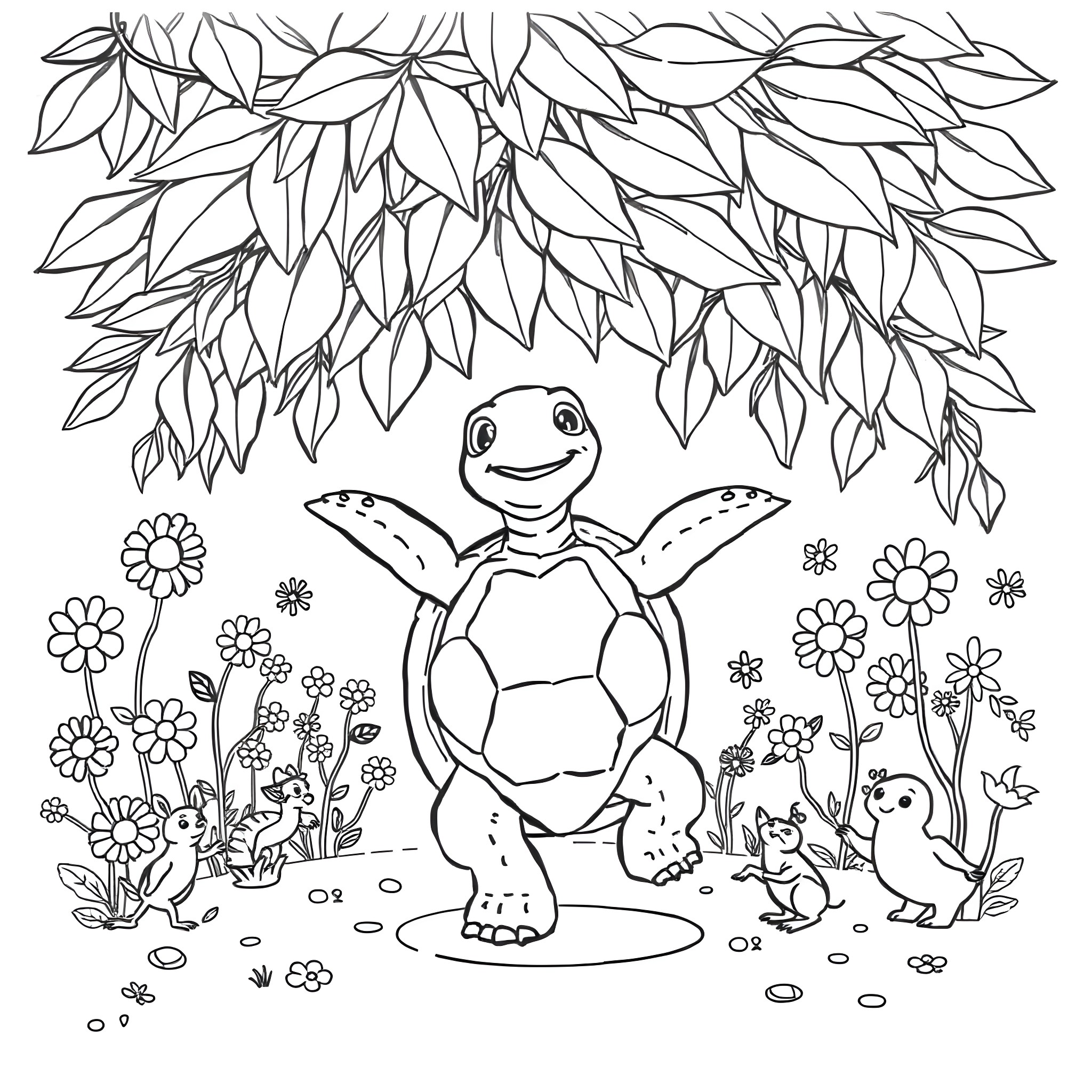 Turtle enjoying a peaceful garden scene Coloring Page (free black-and-white line drawing printable PDF for all, from beginners to advanced learners, including children, teens, adults, and seniors)
