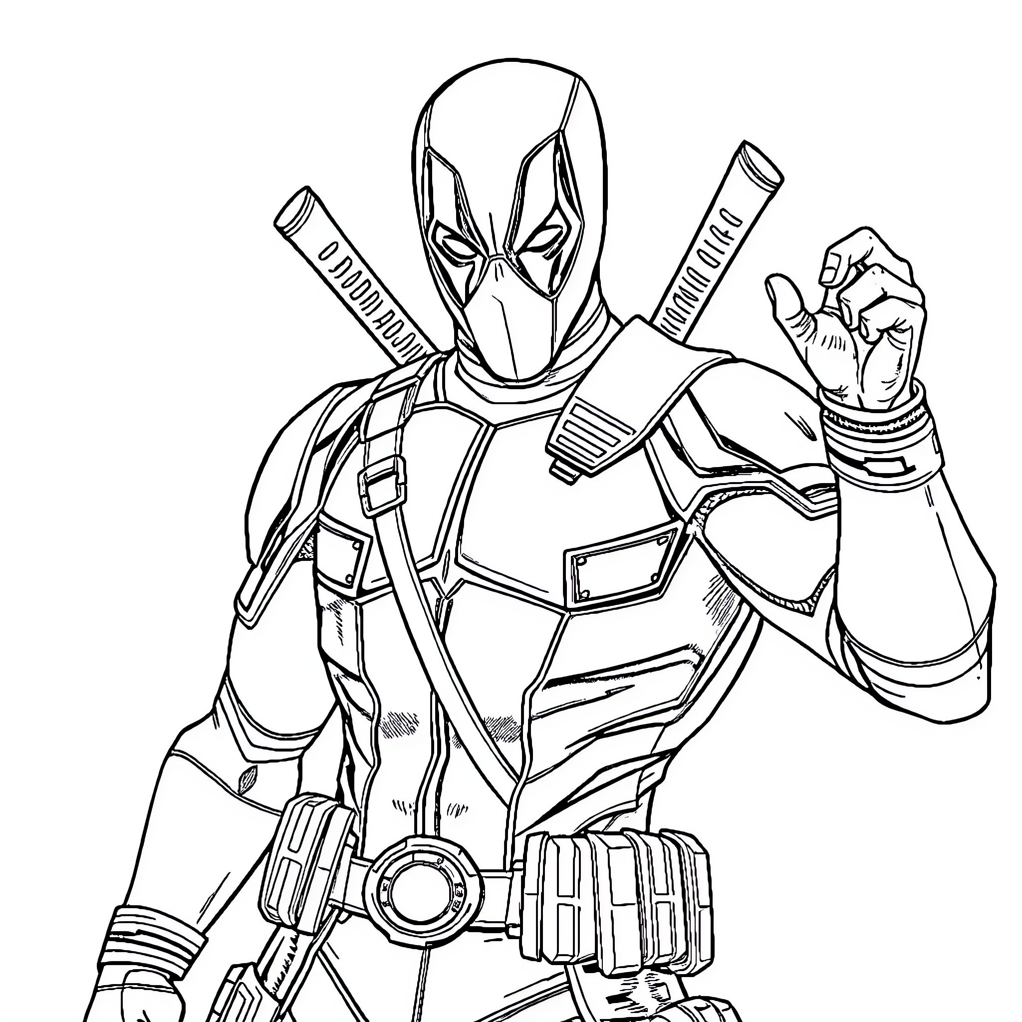 Deadpool in action-packed combat pose Coloring Page (free black-and-white line drawing printable PDF for all, from beginners to advanced learners, including children, teens, adults, and seniors)