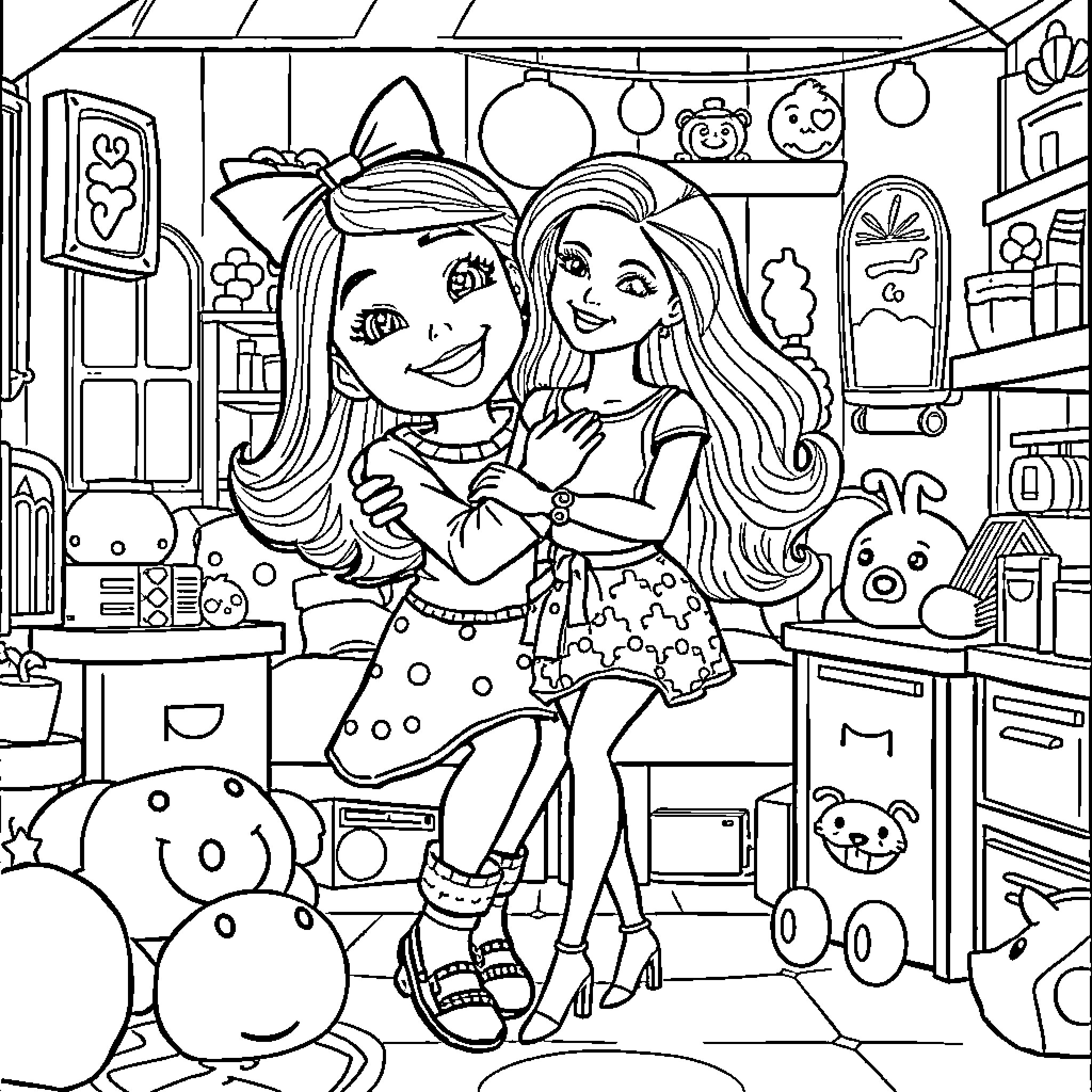 Gabby and friend enjoying a playful day together Coloring Page (free black-and-white line drawing printable PDF for all, from beginners to advanced learners, including children, teens, adults, and seniors)