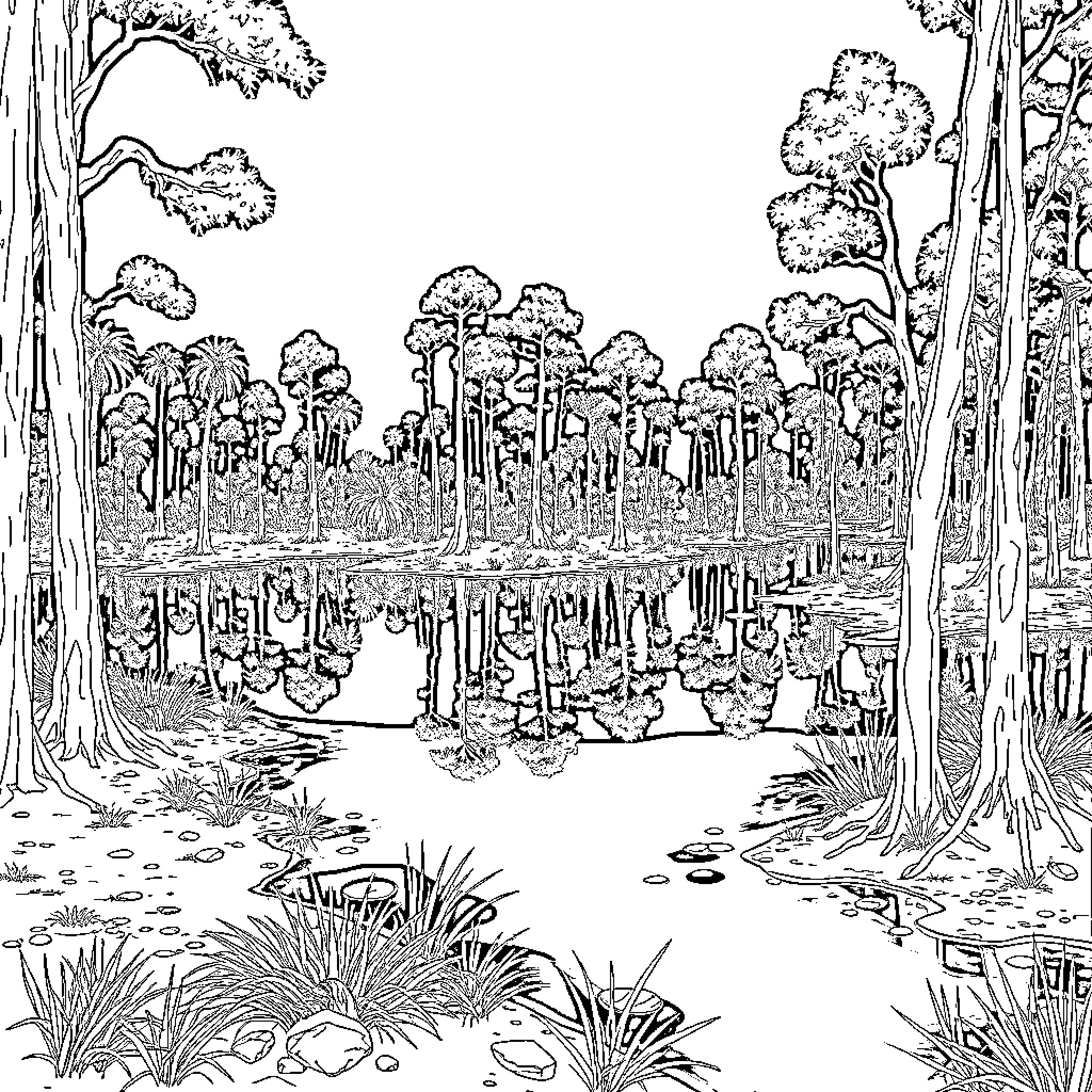 Lake surrounded by lush forest scenery Coloring Page (free black-and-white line drawing printable PDF for all, from beginners to advanced learners, including children, teens, adults, and seniors)