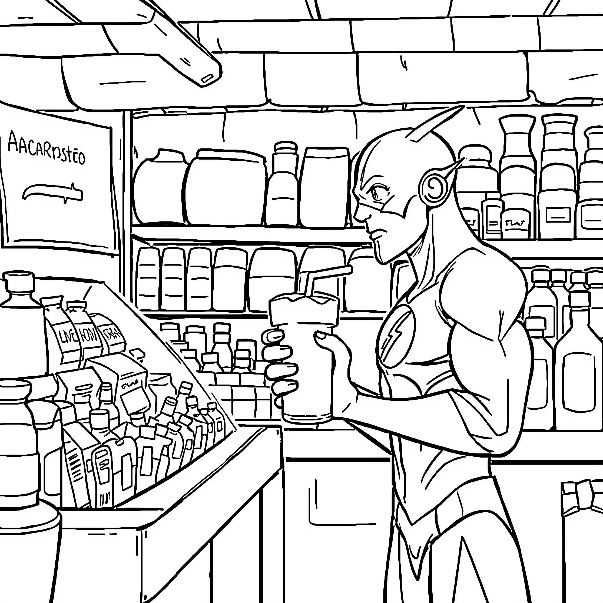 Flash Shopping for Supplies in Convenience Store Coloring Page (free black-and-white line drawing printable PDF for all, from beginners to advanced learners, including children, teens, adults, and seniors)