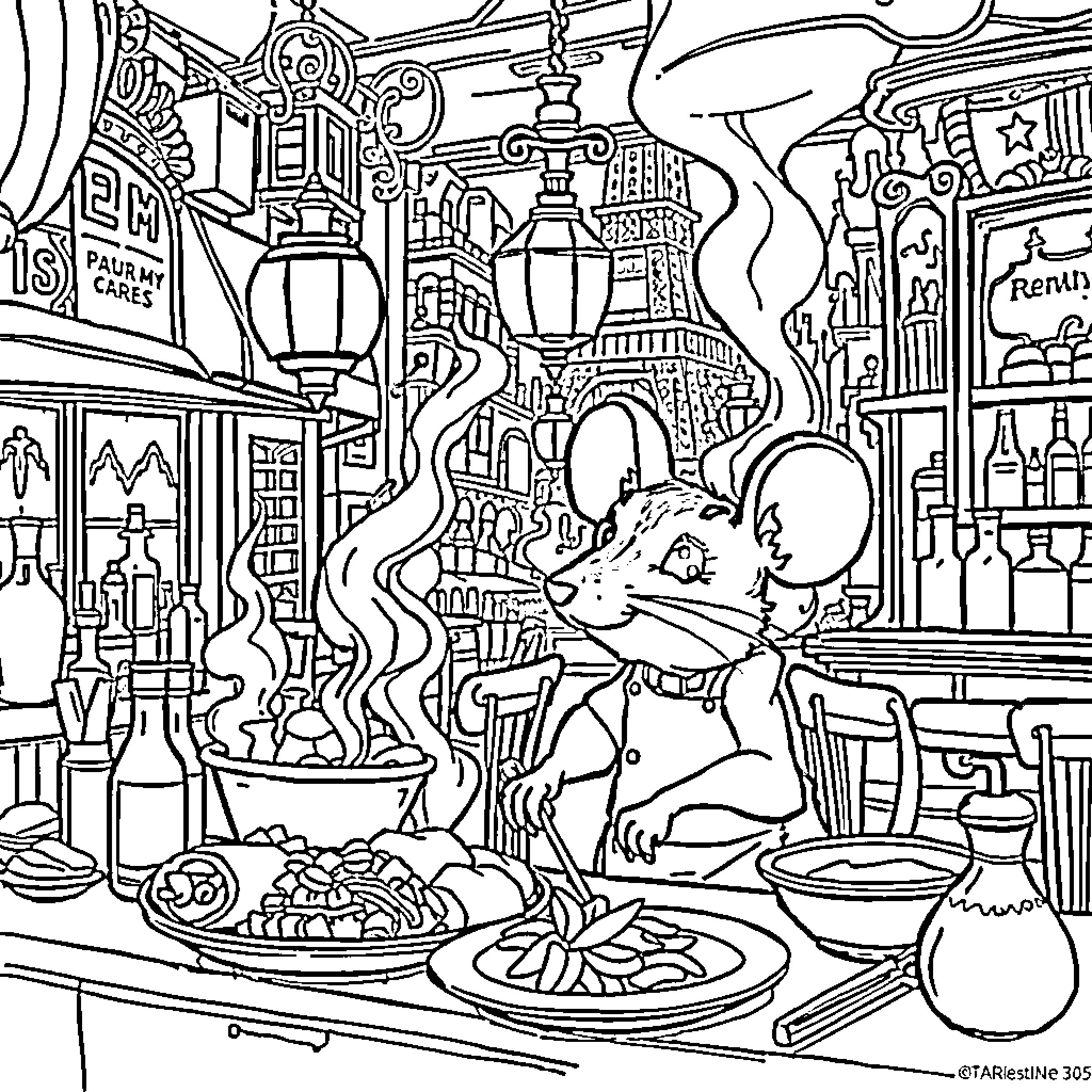 Ratatouille's Culinary Adventure in the Parisian Bistro Coloring Page (free black-and-white line drawing printable PDF for all, from beginners to advanced learners, including children, teens, adults, and seniors)